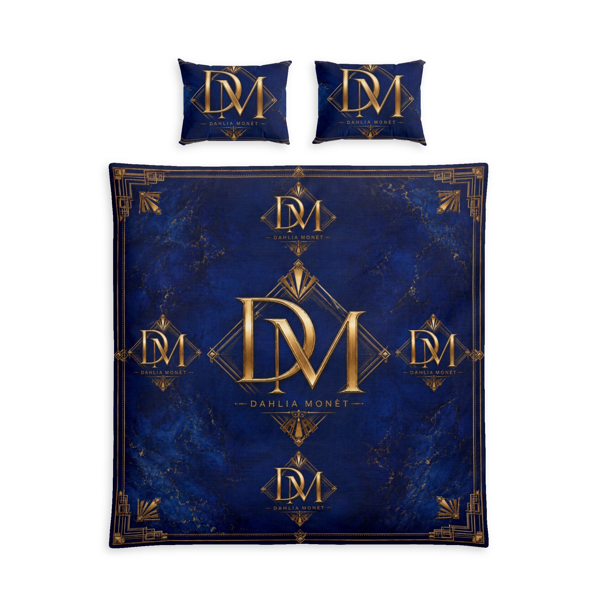 Luxury Navy & Gold Monogram Cotton Bed Set – Custom DM Initials Bedding