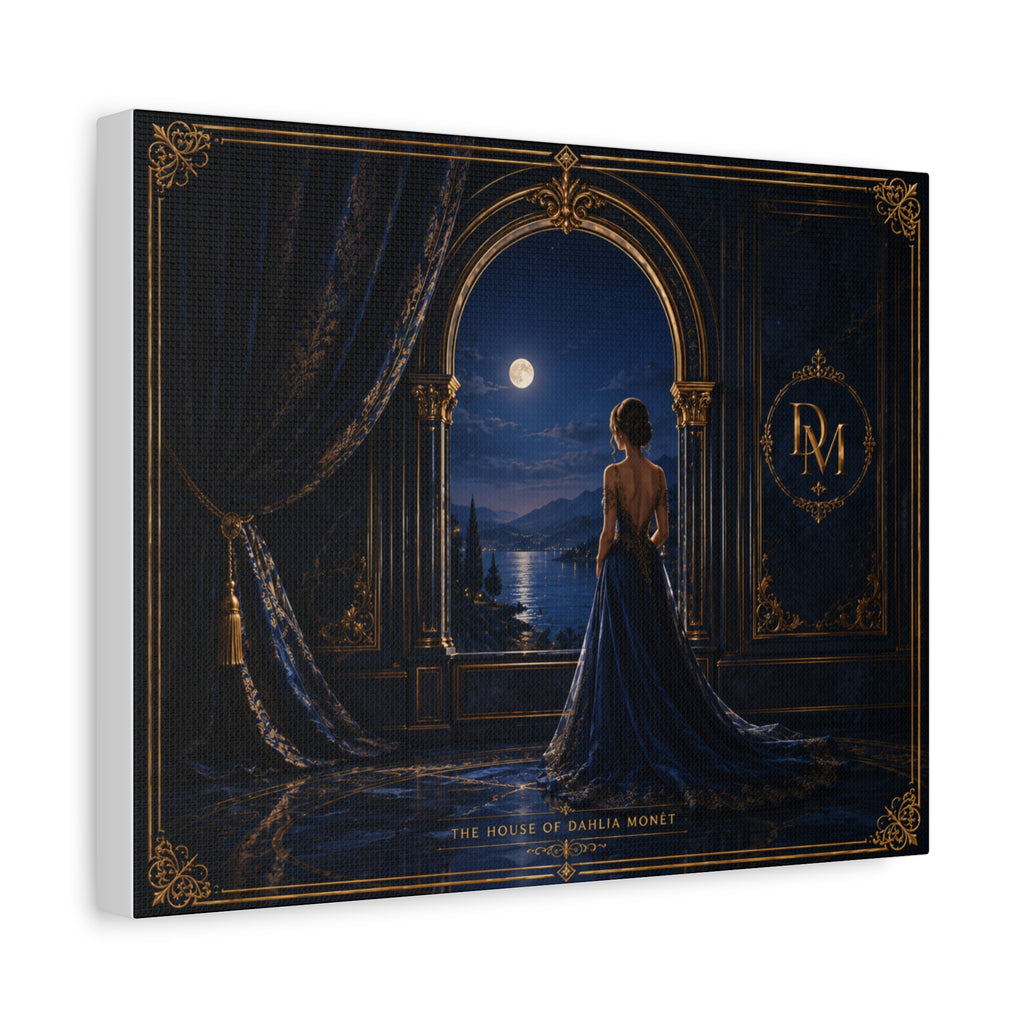Moonlit Elegance Canvas Print — Woman in Gown by Window (Matte Stretched)