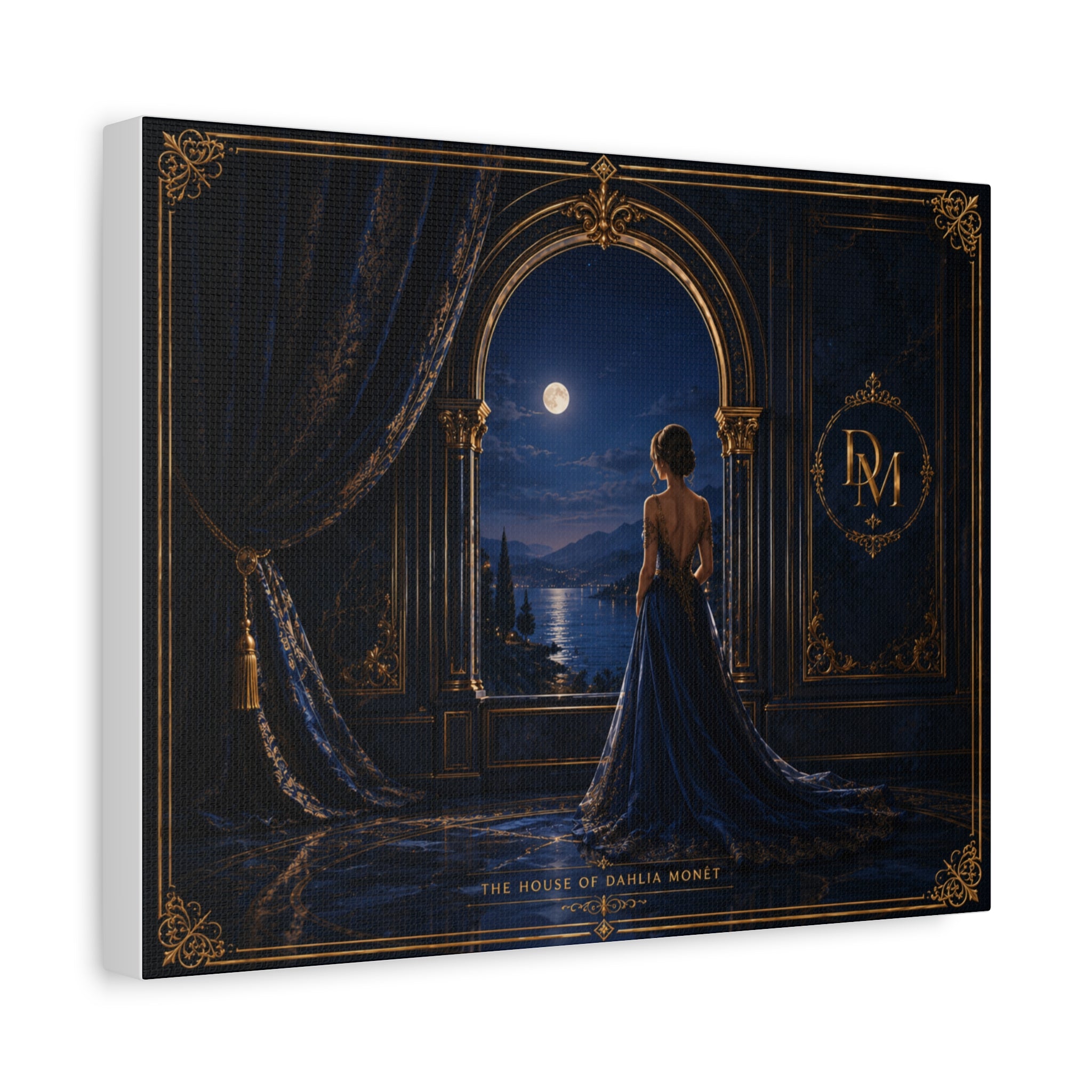 Moonlit Elegance Canvas Print — Woman in Gown by Window (Matte Stretched)