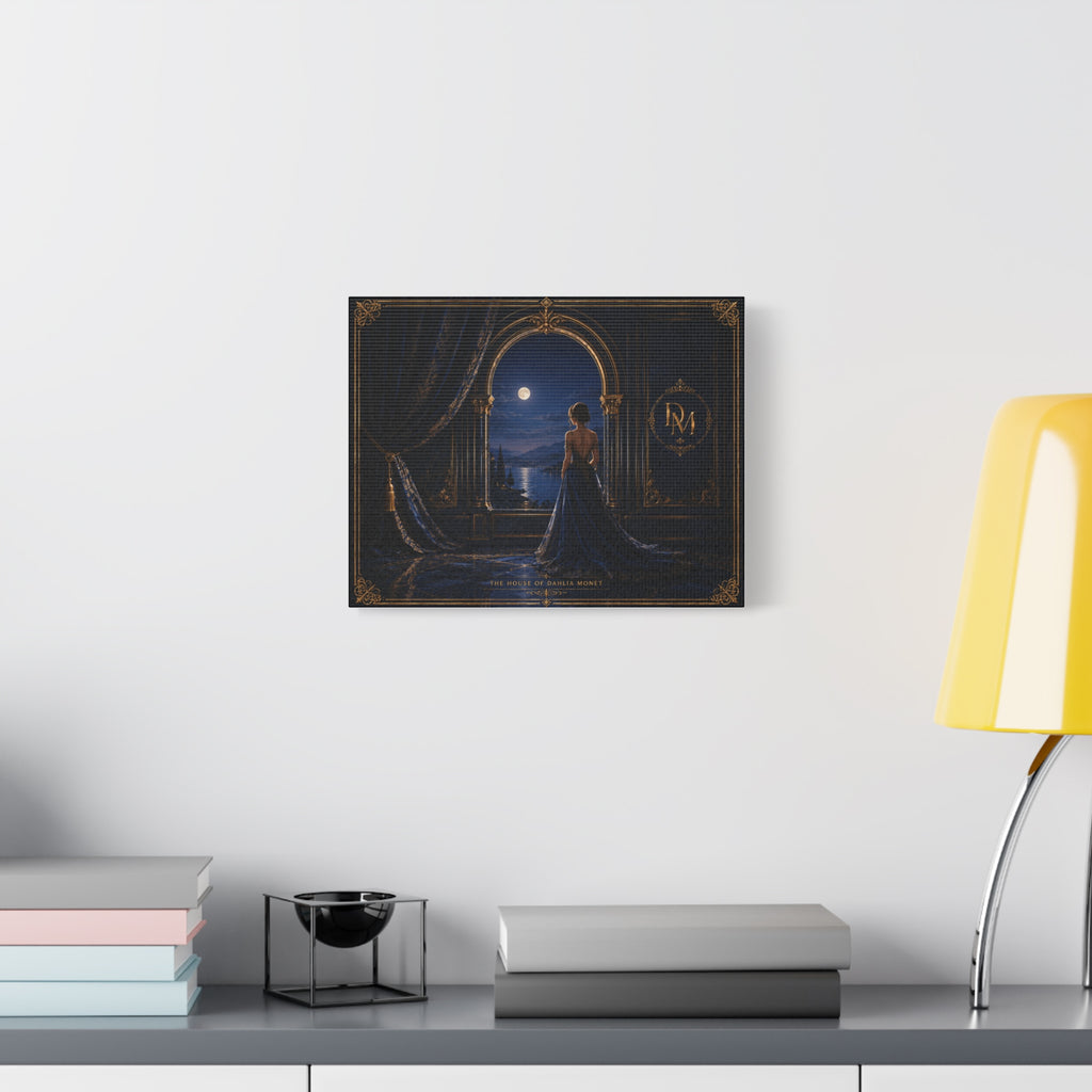 Moonlit Elegance Canvas Print — Woman in Gown by Window (Matte Stretched)