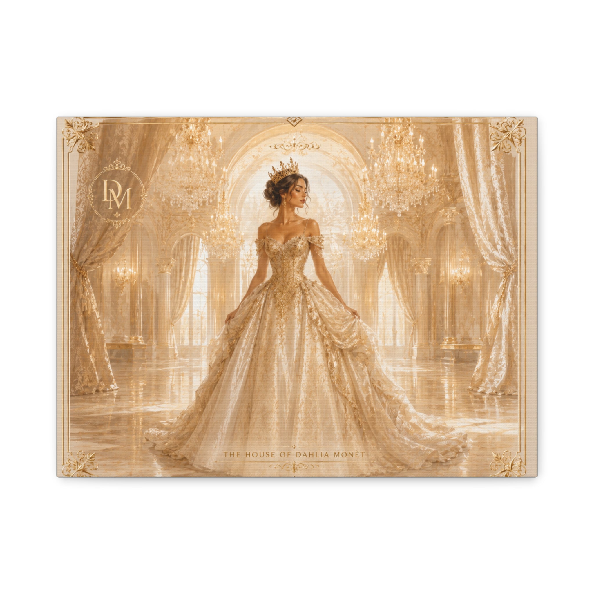 Regal Golden Ballroom Canvas Print — Elegant Princess Gown Wall Art