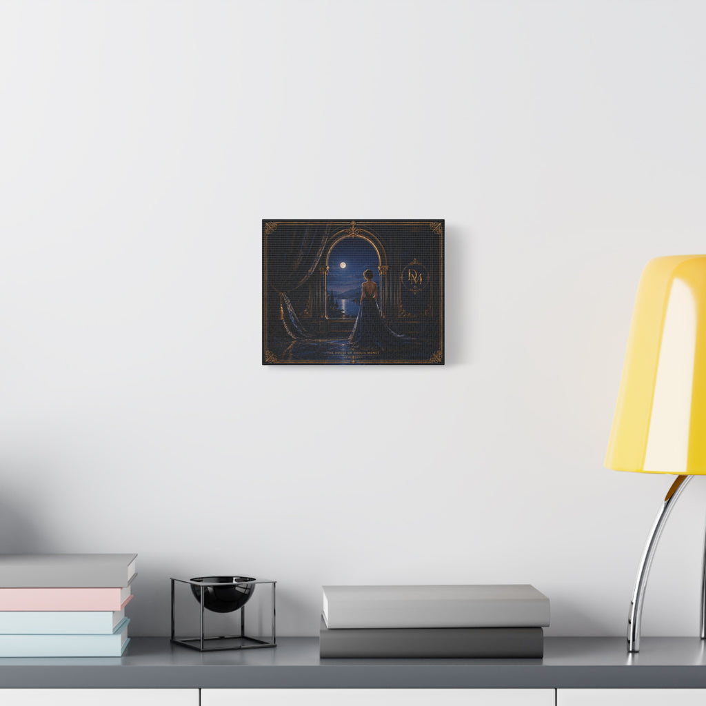 Moonlit Elegance Canvas Print — Woman in Gown by Window (Matte Stretched)