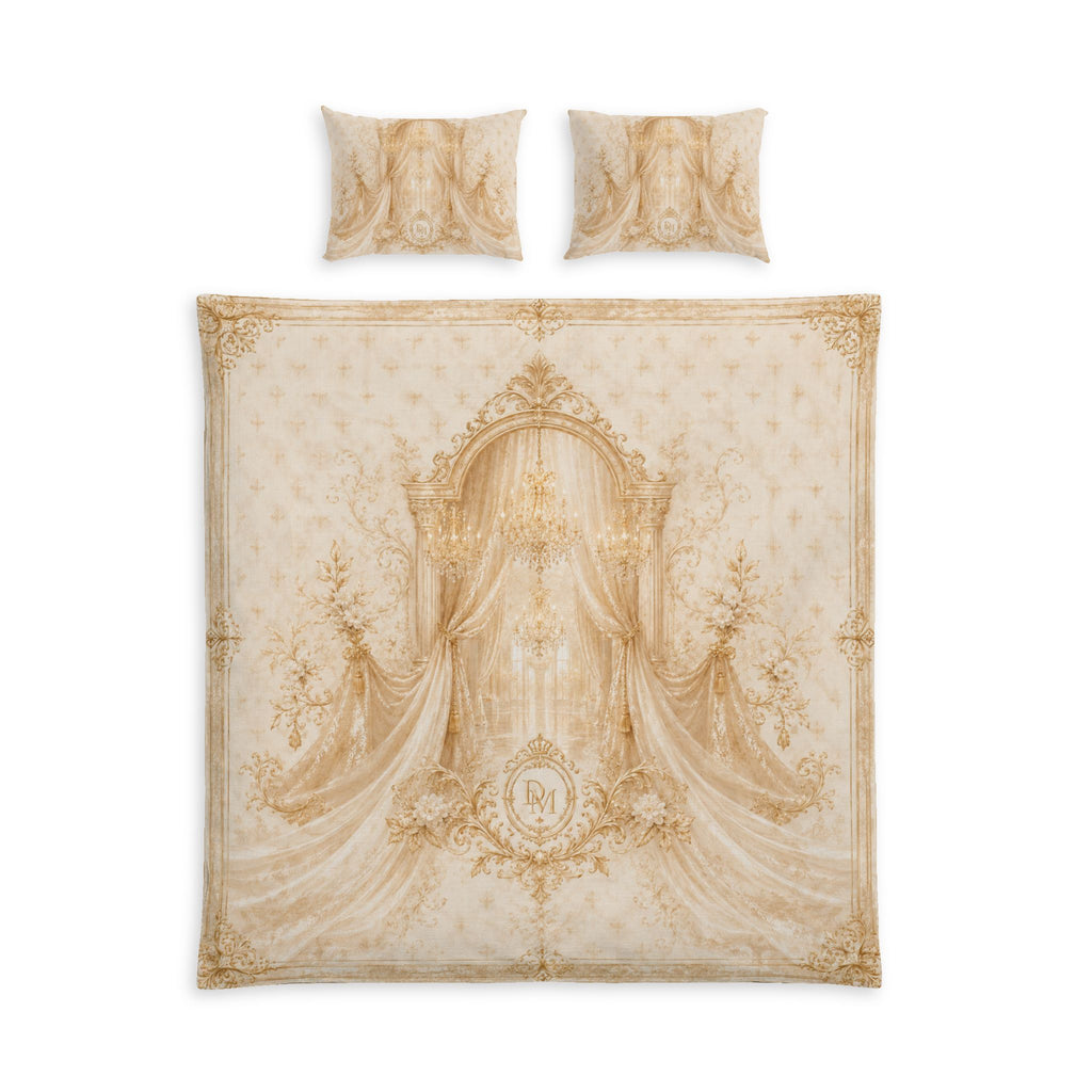 Luxury Vintage Damask Cotton Bed Set — Ornate Beige Bedding with Elegant Medallion
