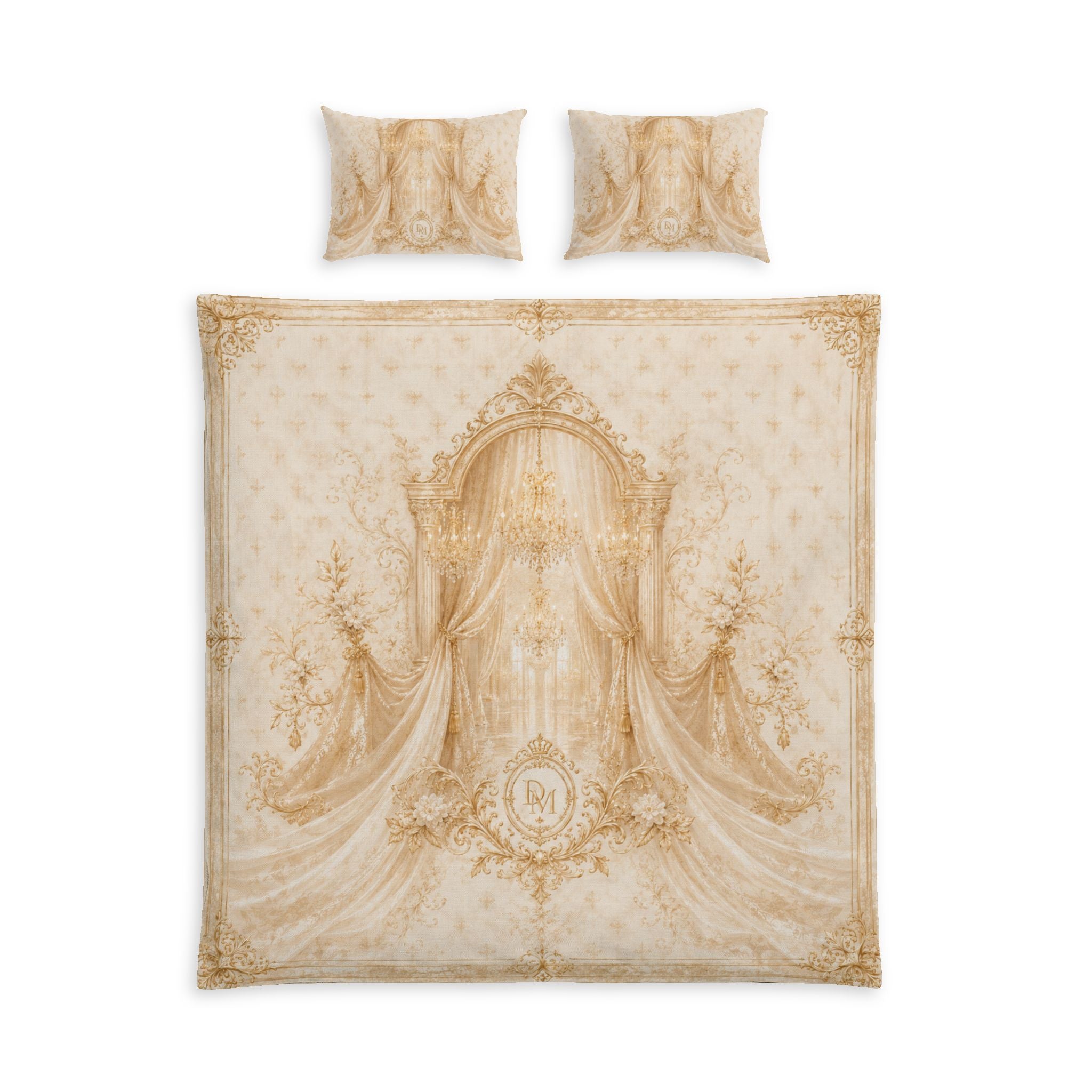 Luxury Vintage Damask Cotton Bed Set — Ornate Beige Bedding with Elegant Medallion