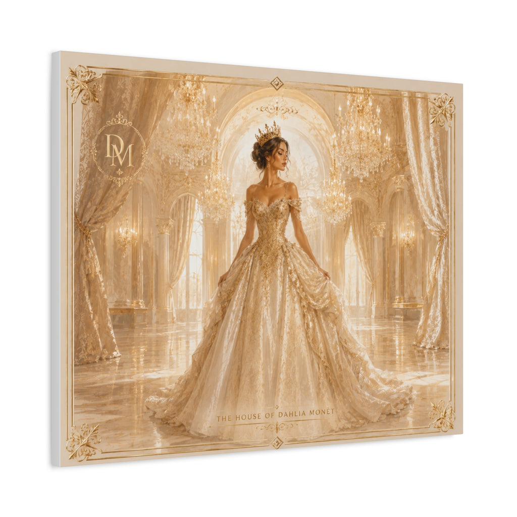 Regal Golden Ballroom Canvas Print — Elegant Princess Gown Wall Art