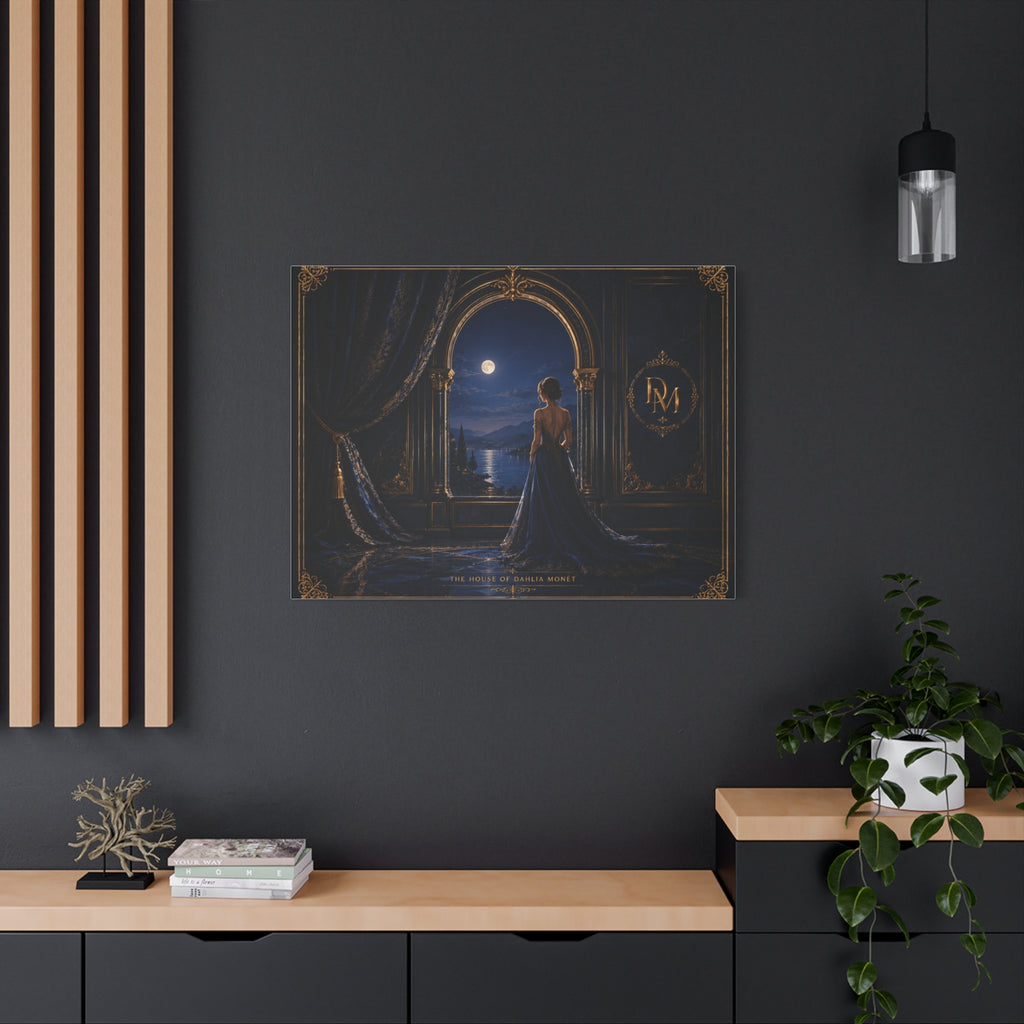 Moonlit Elegance Canvas Print — Woman in Gown by Window (Matte Stretched)
