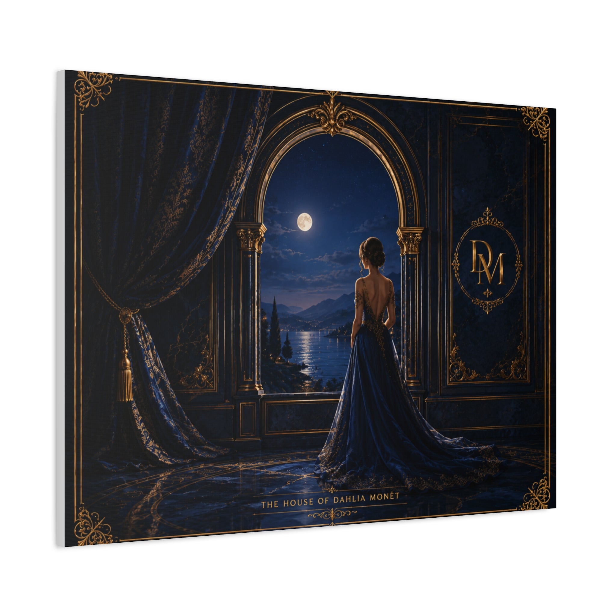 Moonlit Elegance Canvas Print — Woman in Gown by Window (Matte Stretched)