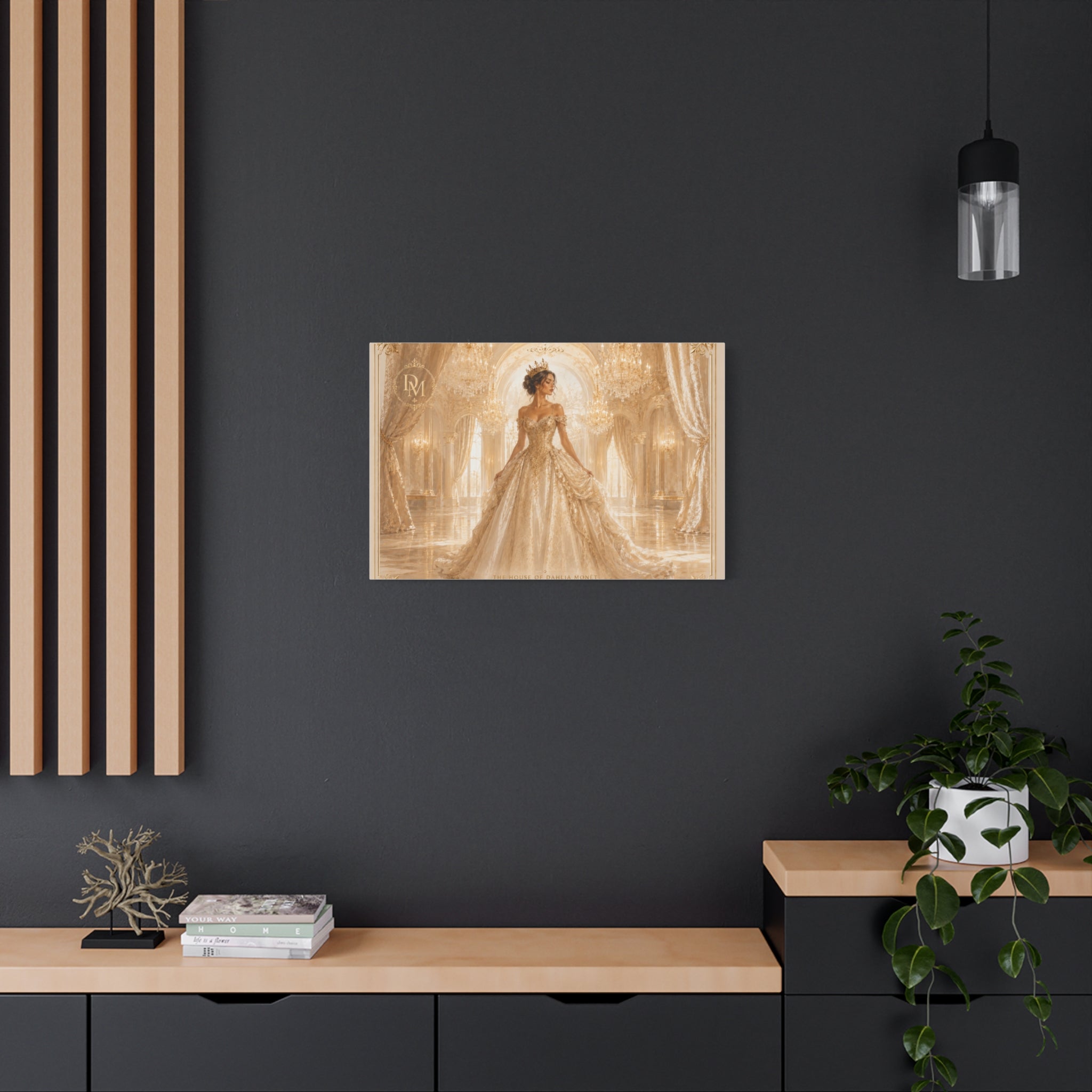 Regal Golden Ballroom Canvas Print — Elegant Princess Gown Wall Art