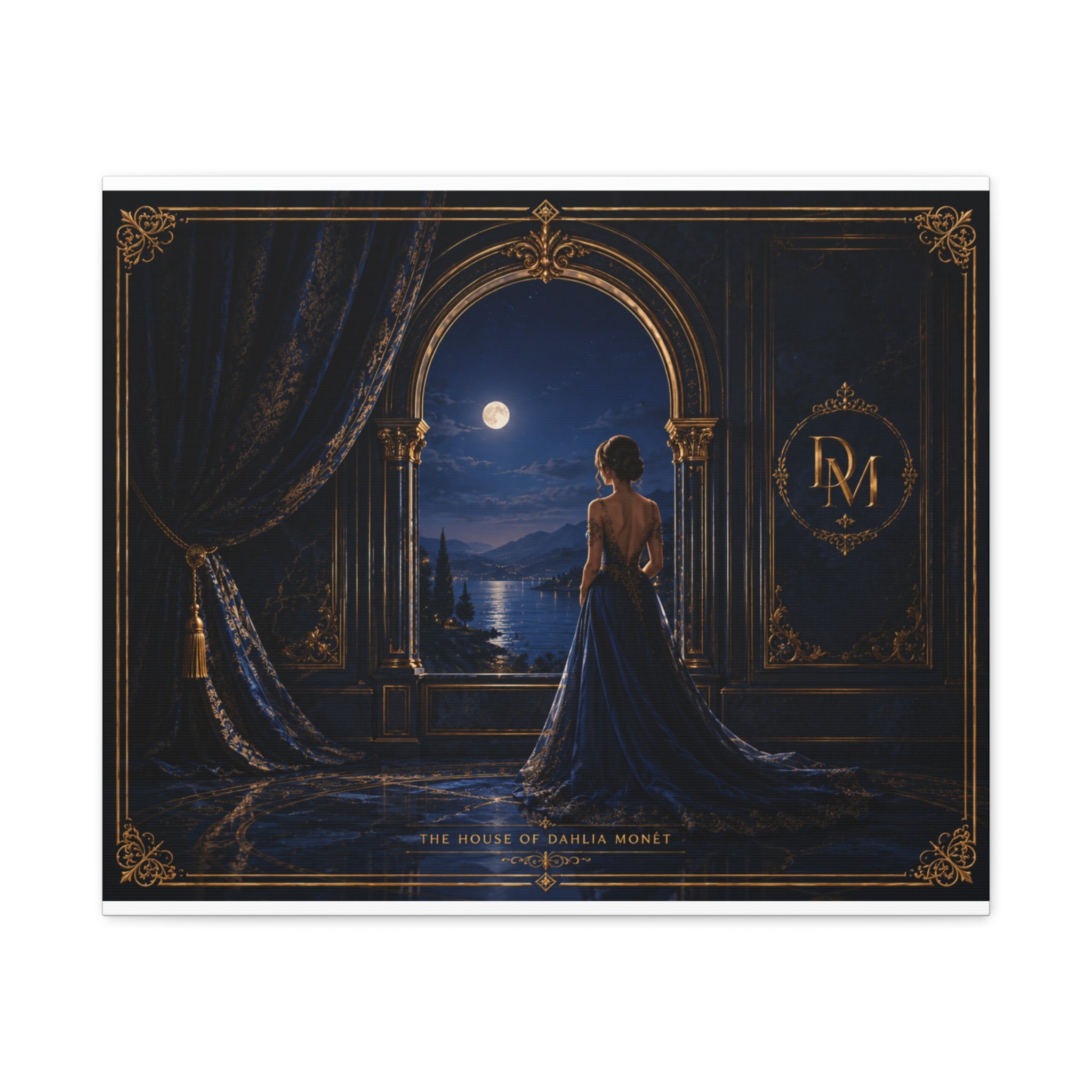 Moonlit Elegance Canvas Print — Woman in Gown by Window (Matte Stretched)