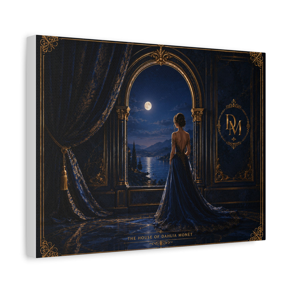 Moonlit Elegance Canvas Print — Woman in Gown by Window (Matte Stretched)