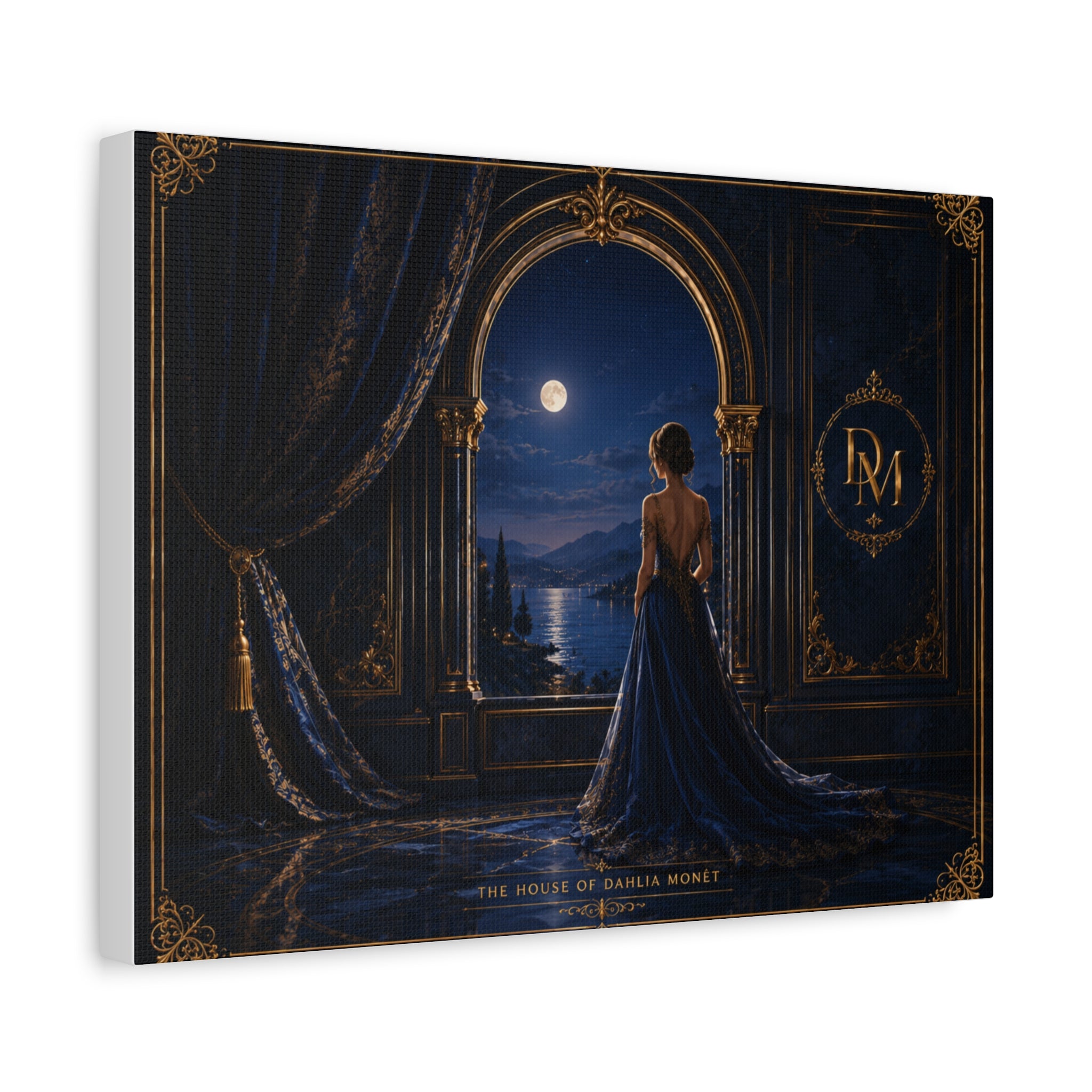 Moonlit Elegance Canvas Print — Woman in Gown by Window (Matte Stretched)