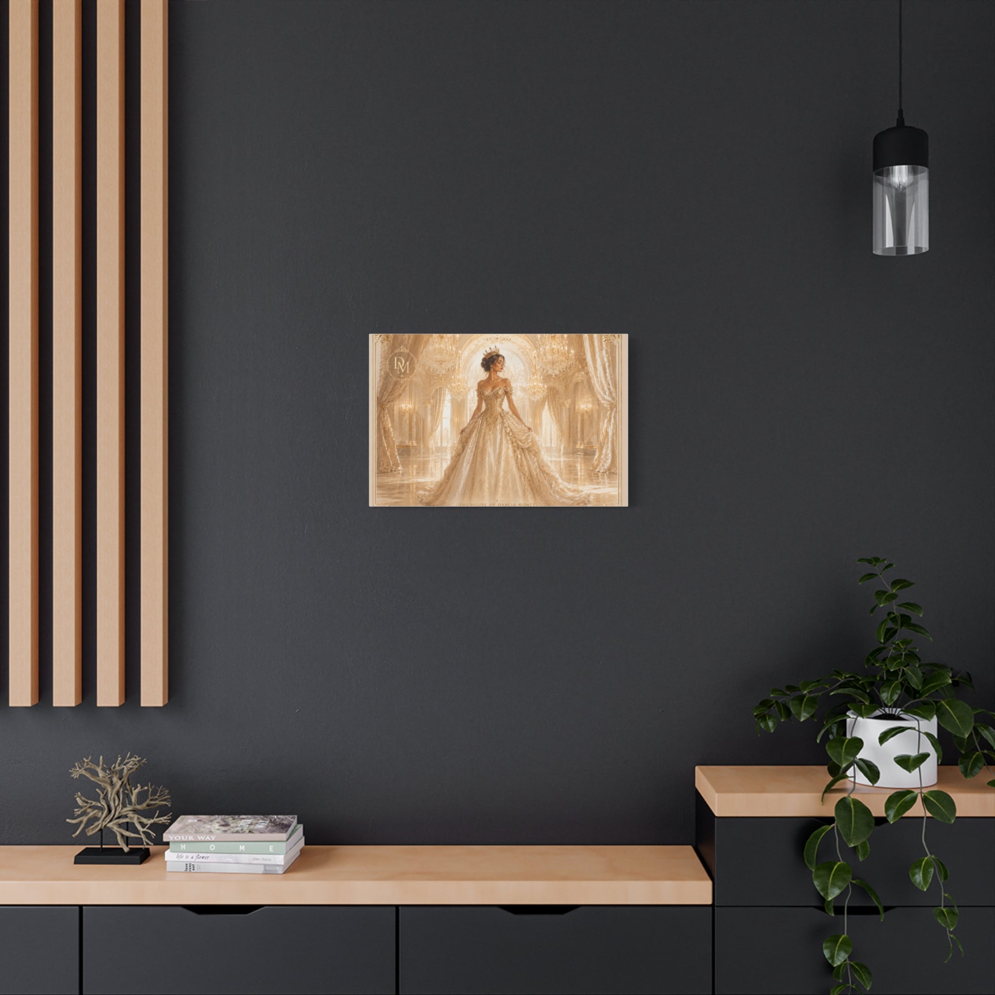 Regal Golden Ballroom Canvas Print — Elegant Princess Gown Wall Art