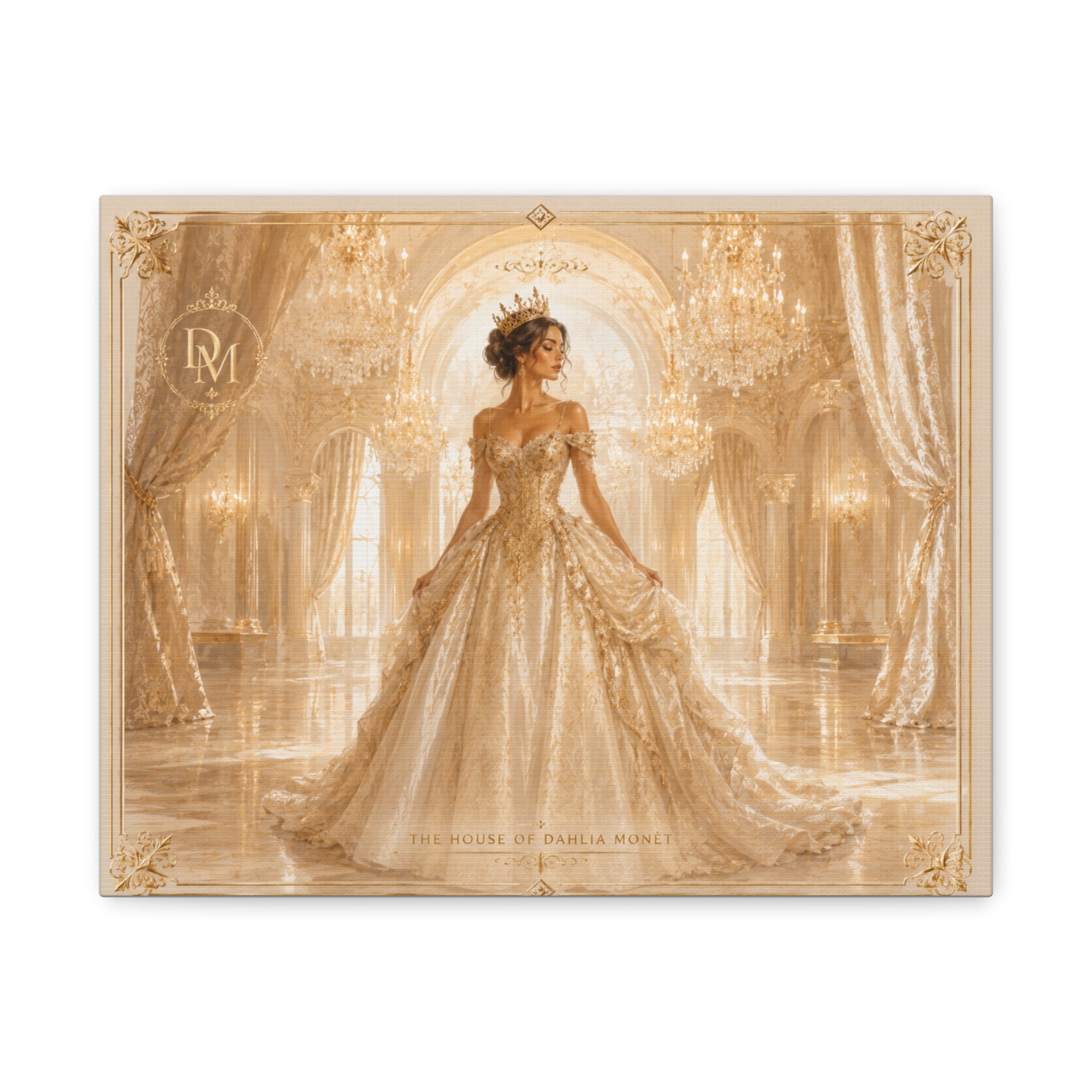 Regal Golden Ballroom Canvas Print — Elegant Princess Gown Wall Art