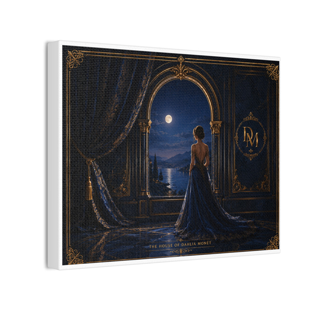 Stretched Canvas: Moonlit Balcony Lady — Elegant Romantic Wall Art