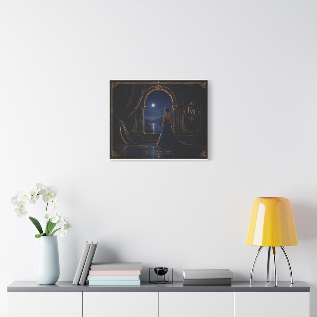 Moonlit Elegance Canvas Print — Woman in Gown by Window (Matte Stretched)