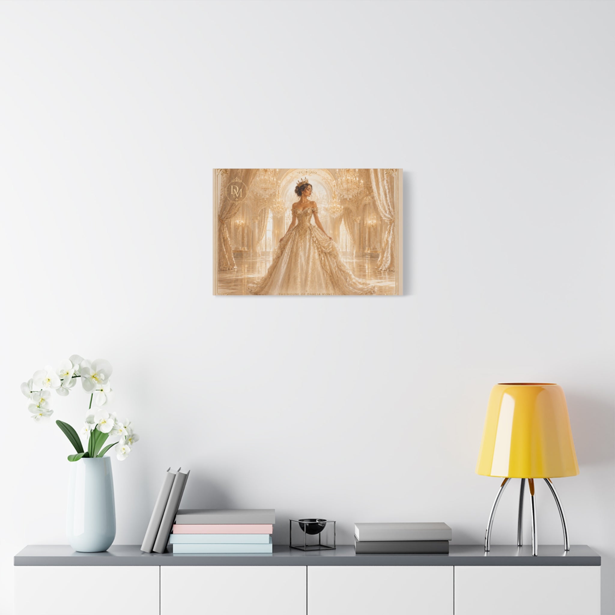 Regal Golden Ballroom Canvas Print — Elegant Princess Gown Wall Art