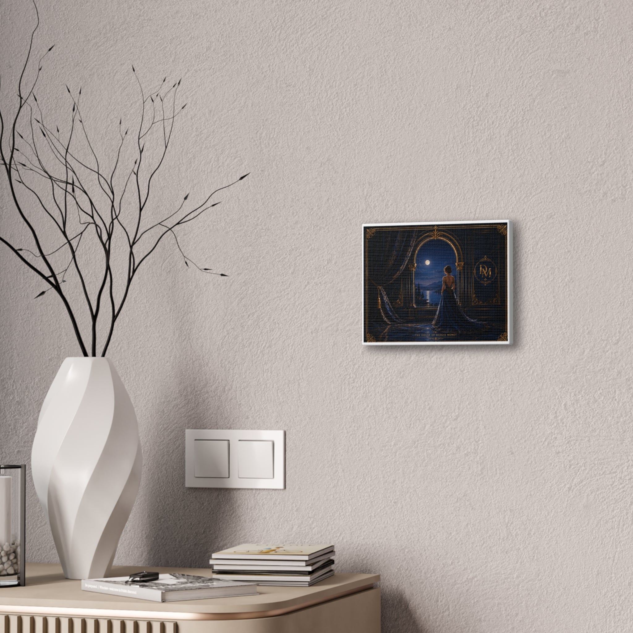 Stretched Canvas: Moonlit Balcony Lady — Elegant Romantic Wall Art