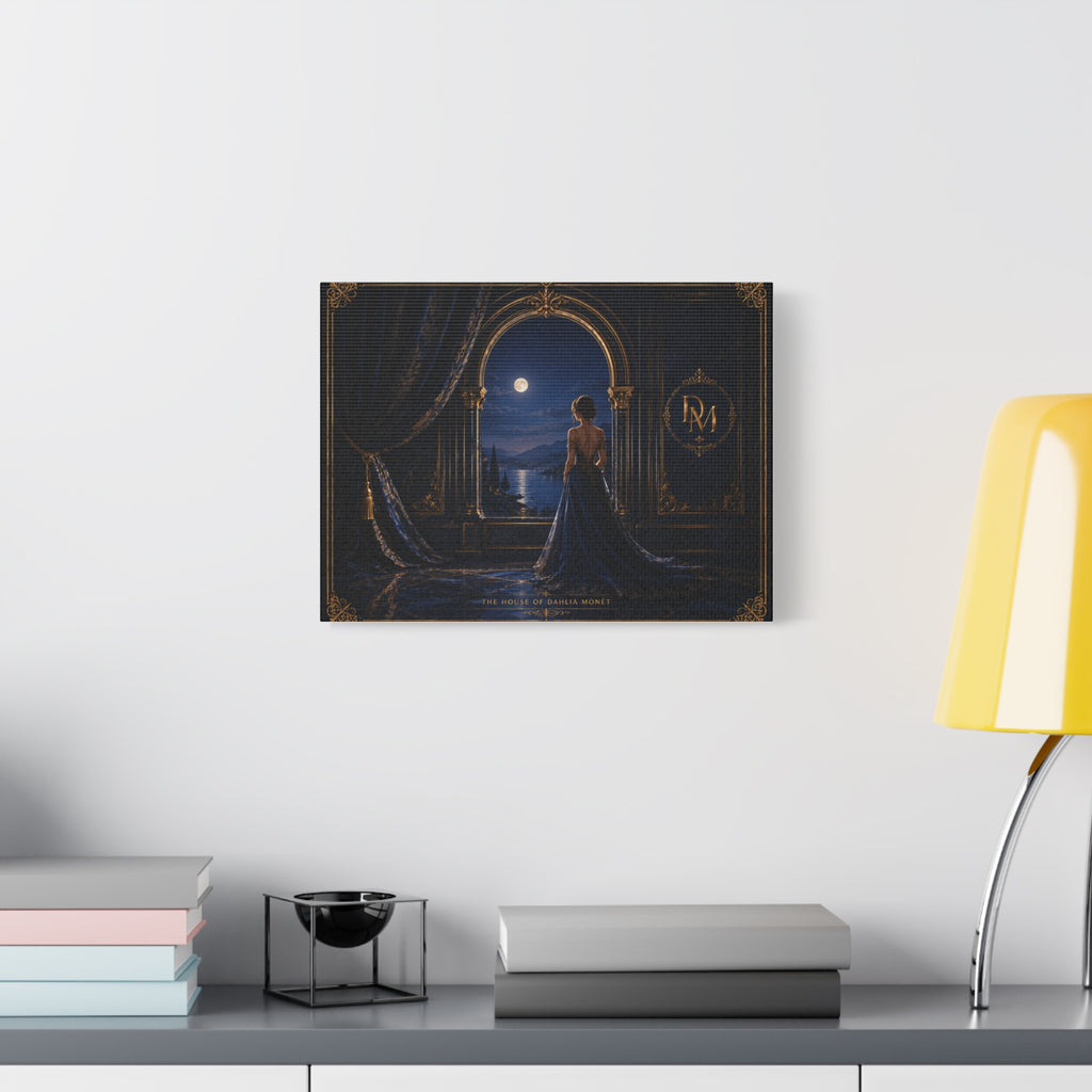 Moonlit Elegance Canvas Print — Woman in Gown by Window (Matte Stretched)