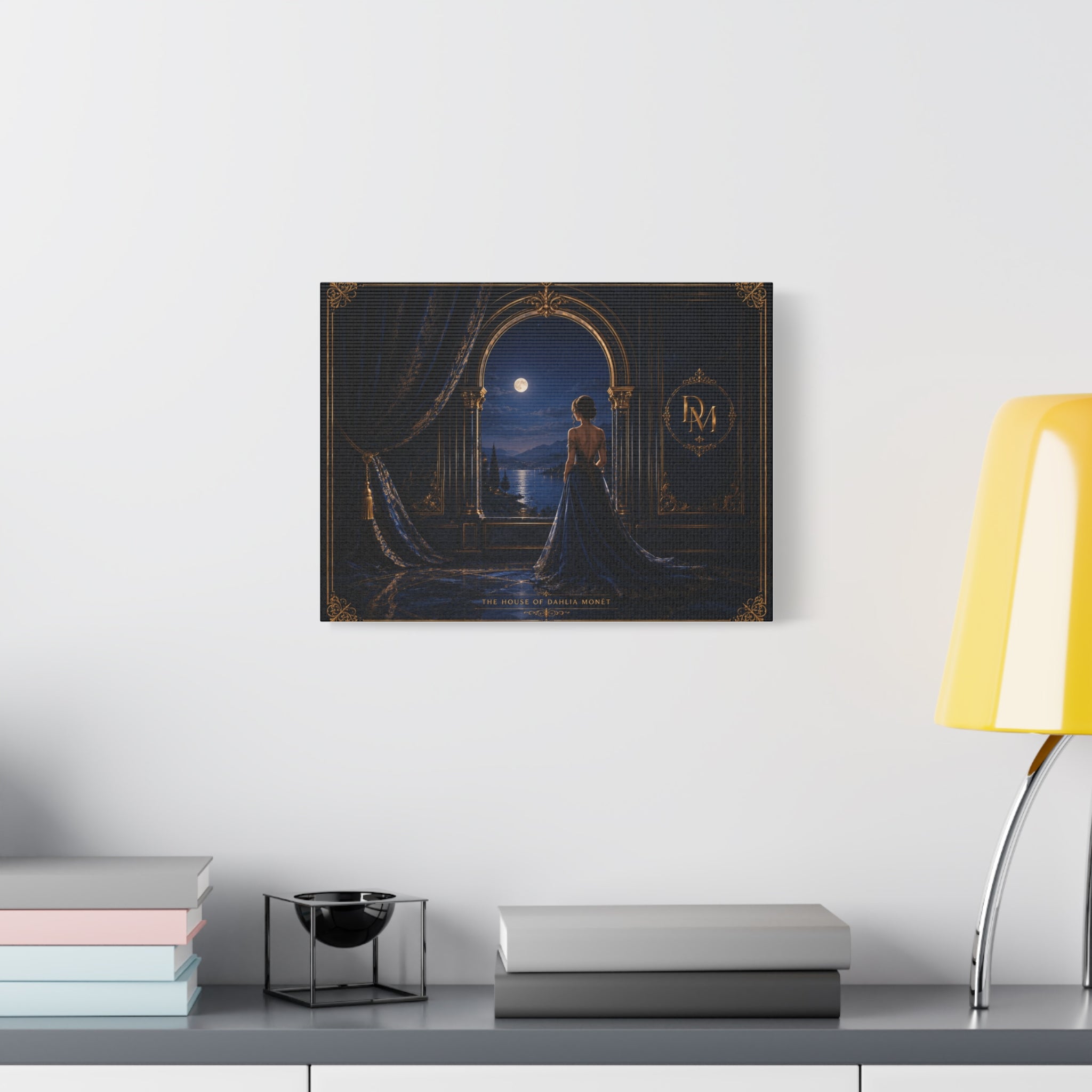 Moonlit Elegance Canvas Print — Woman in Gown by Window (Matte Stretched)