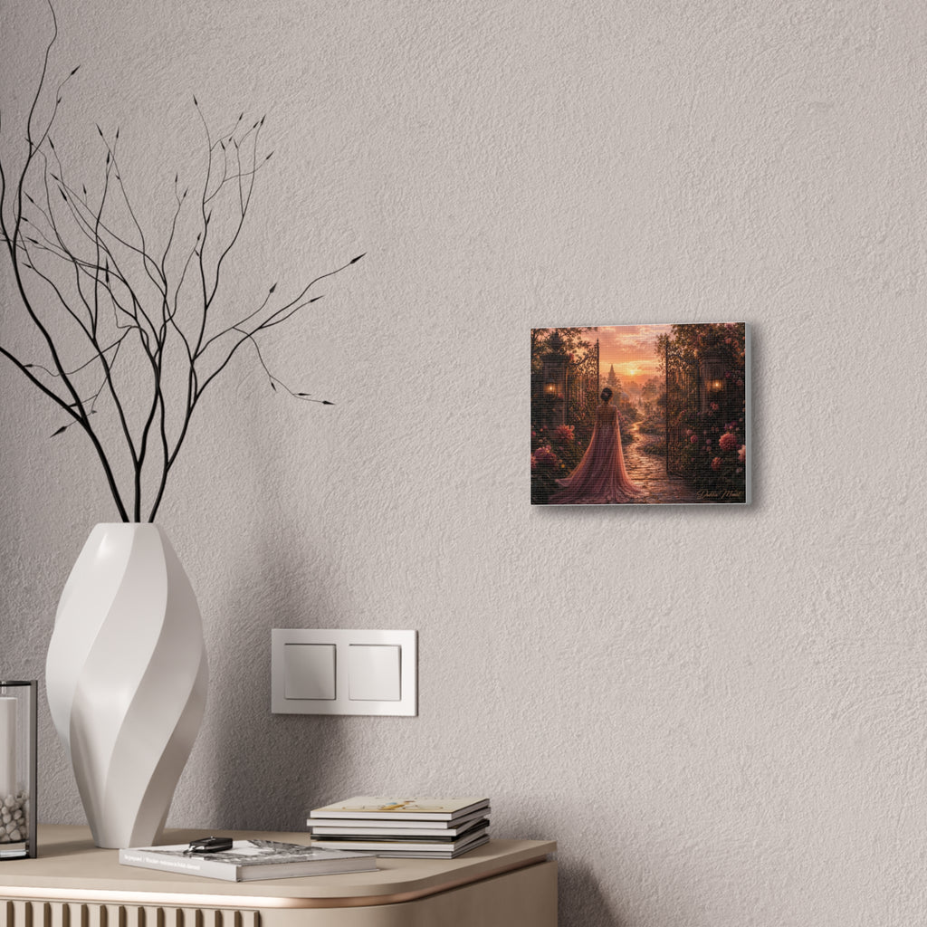 Enchanted Garden Canvas – Woman in Gown at Sunset Stretched Print