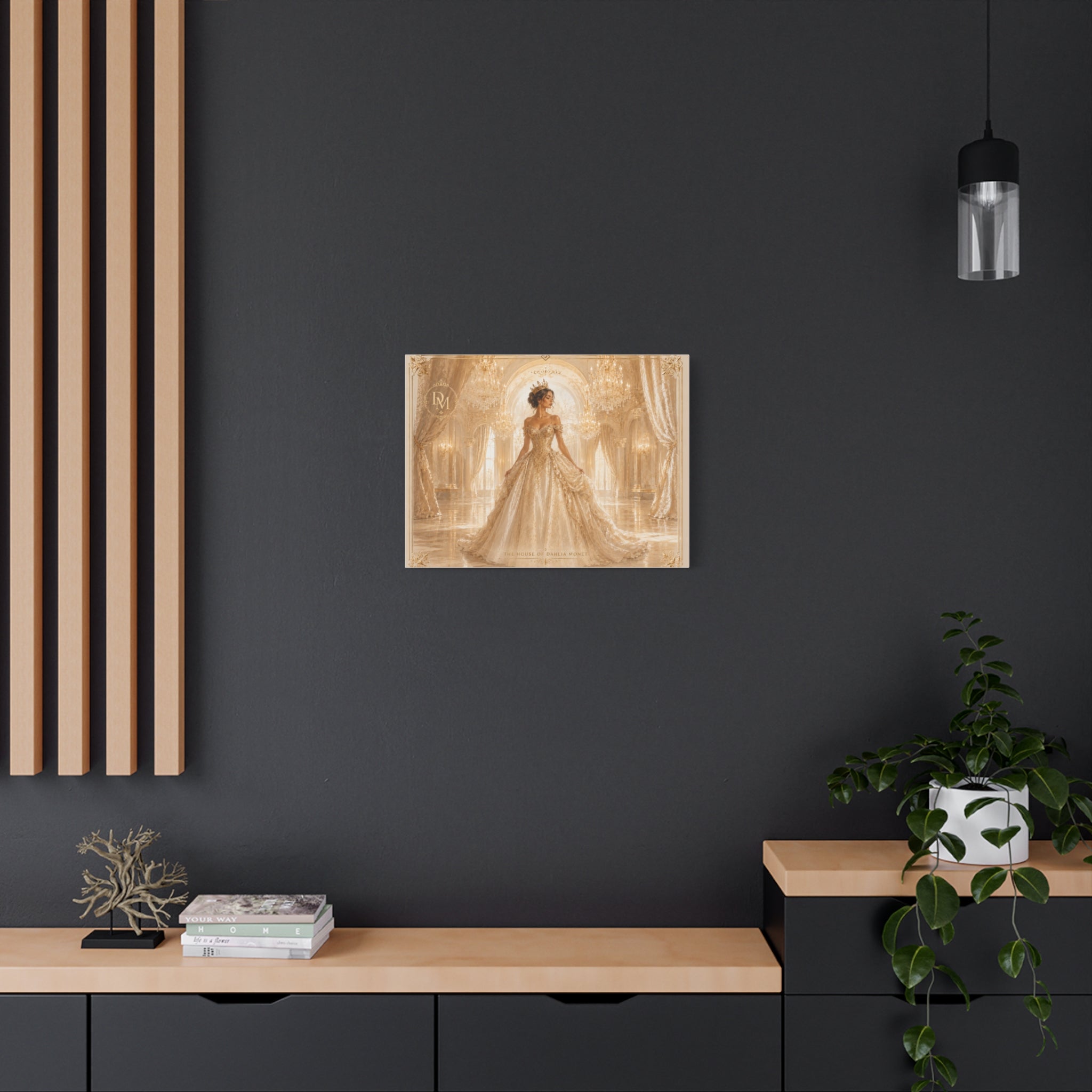 Regal Golden Ballroom Canvas Print — Elegant Princess Gown Wall Art
