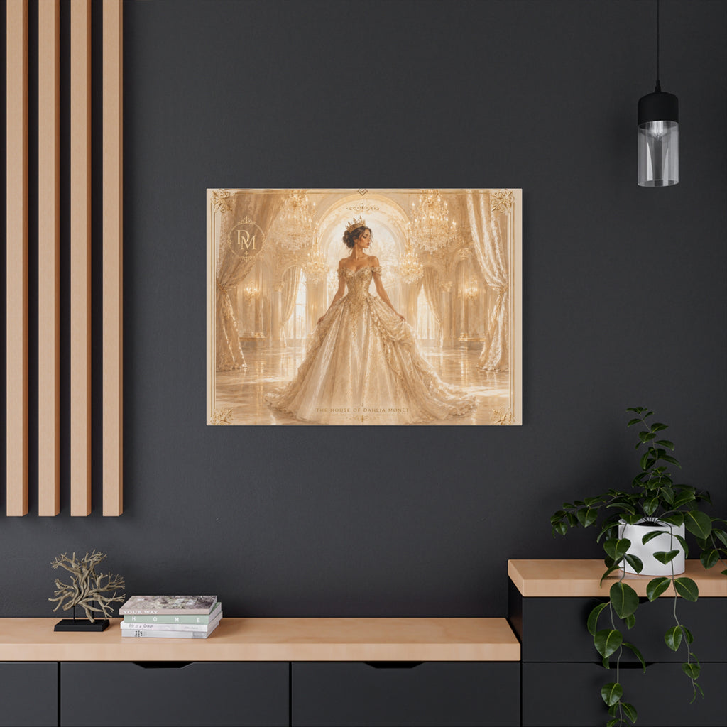 Regal Golden Ballroom Canvas Print — Elegant Princess Gown Wall Art