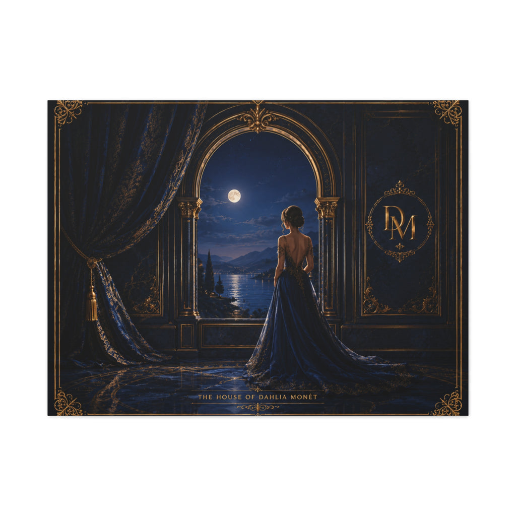Moonlit Elegance Canvas Print — Woman in Gown by Window (Matte Stretched)