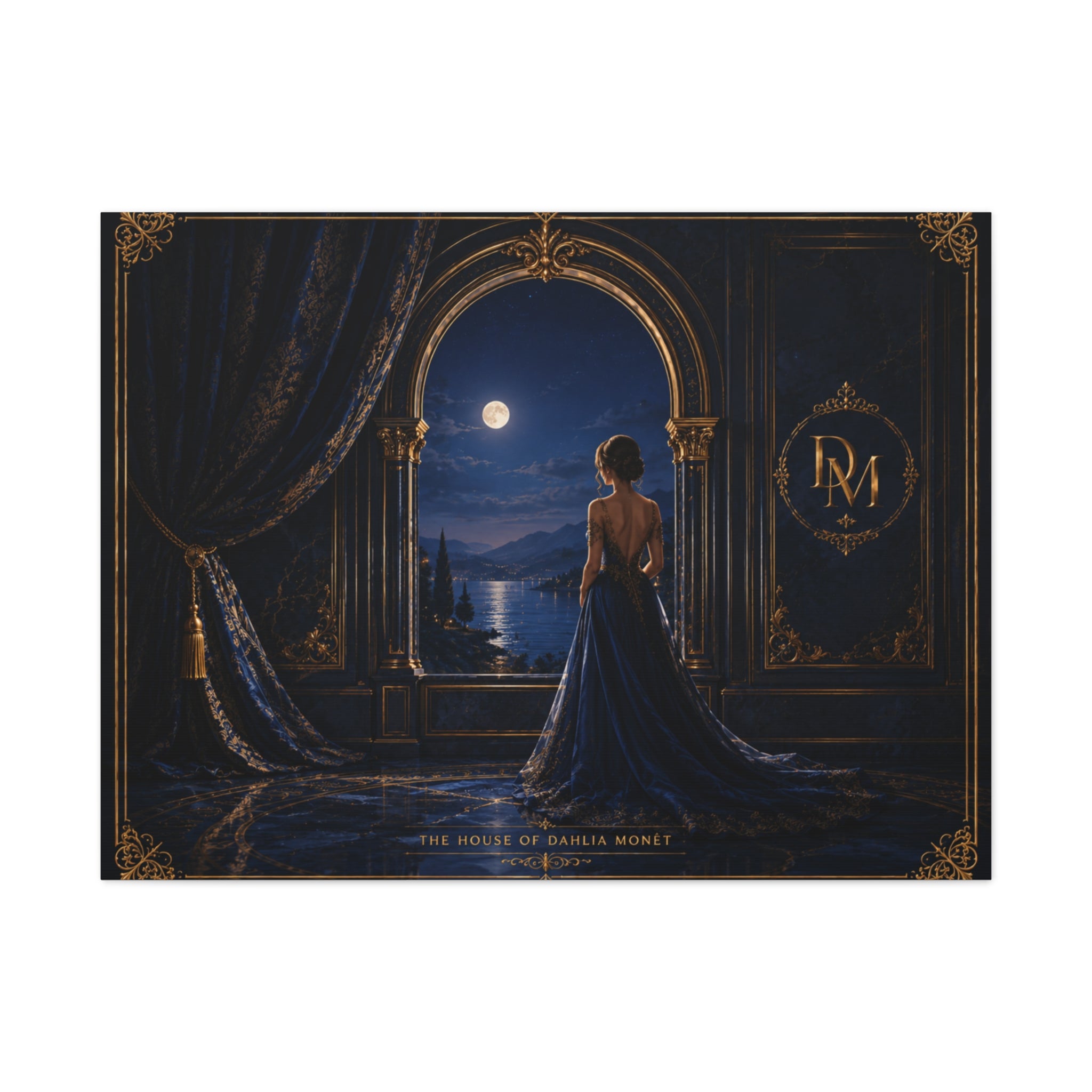 Moonlit Elegance Canvas Print — Woman in Gown by Window (Matte Stretched)