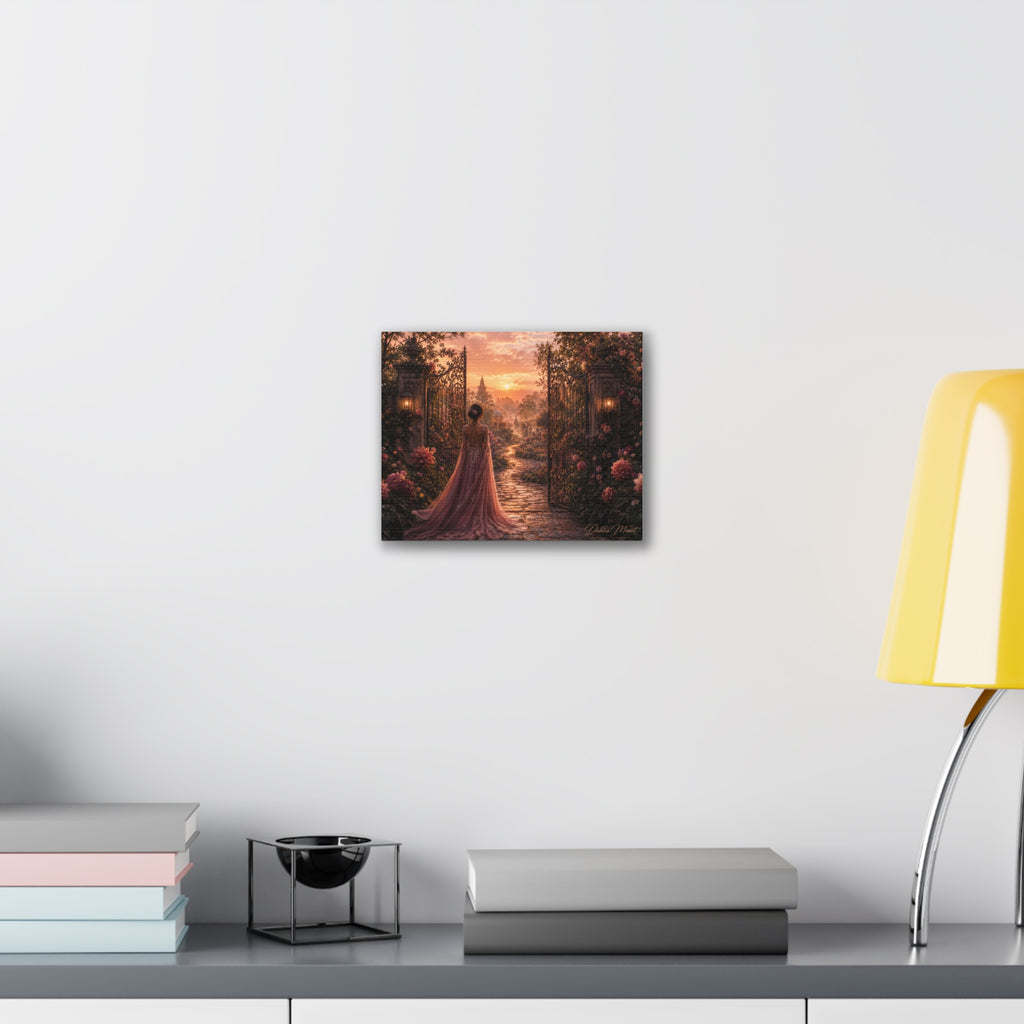 Enchanted Garden Canvas – Woman in Gown at Sunset Stretched Print