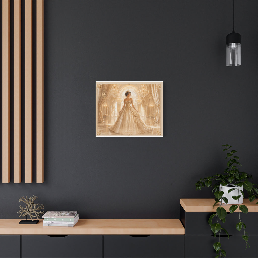 Regal Golden Ballroom Canvas Print — Elegant Princess Gown Wall Art