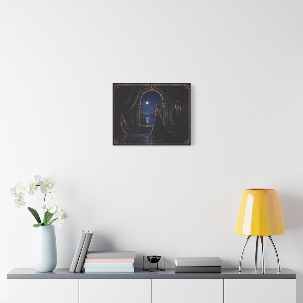 Moonlit Elegance Canvas Print — Woman in Gown by Window (Matte Stretched)