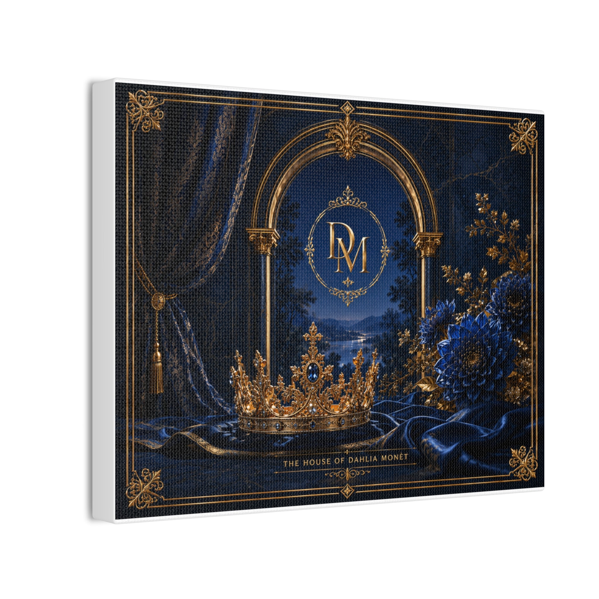 Royal Crown Canvas Print – 'The House of Dahlia Monet' Elegant Blue & Gold Wall Art