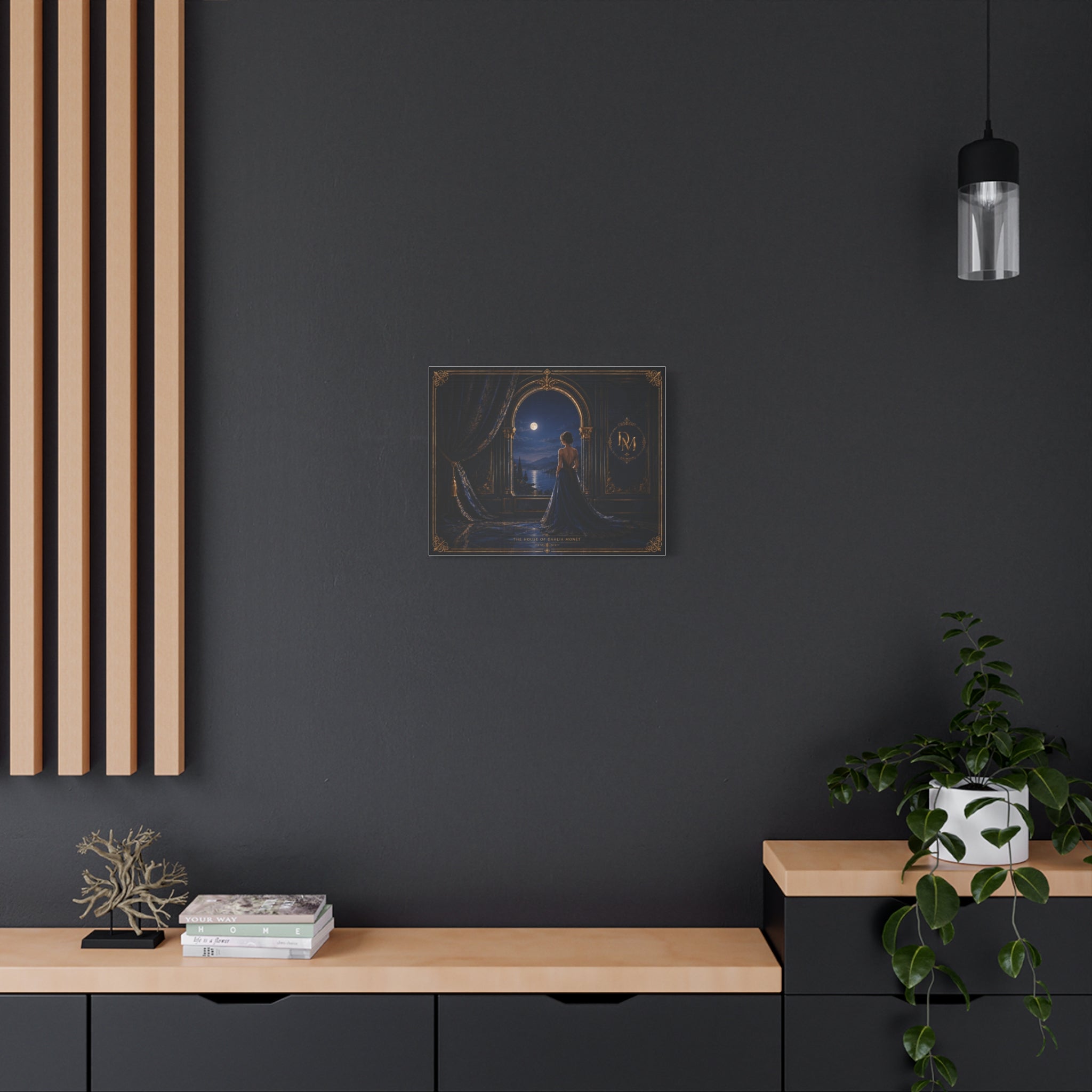 Moonlit Elegance Canvas Print — Woman in Gown by Window (Matte Stretched)