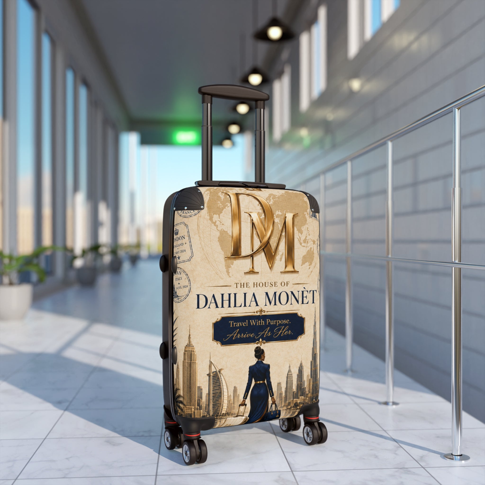 Dahlia Monet Branded Travel Suitcase – Vintage Cityscape Carry-On with 'The House of Dahlia Monet' Design