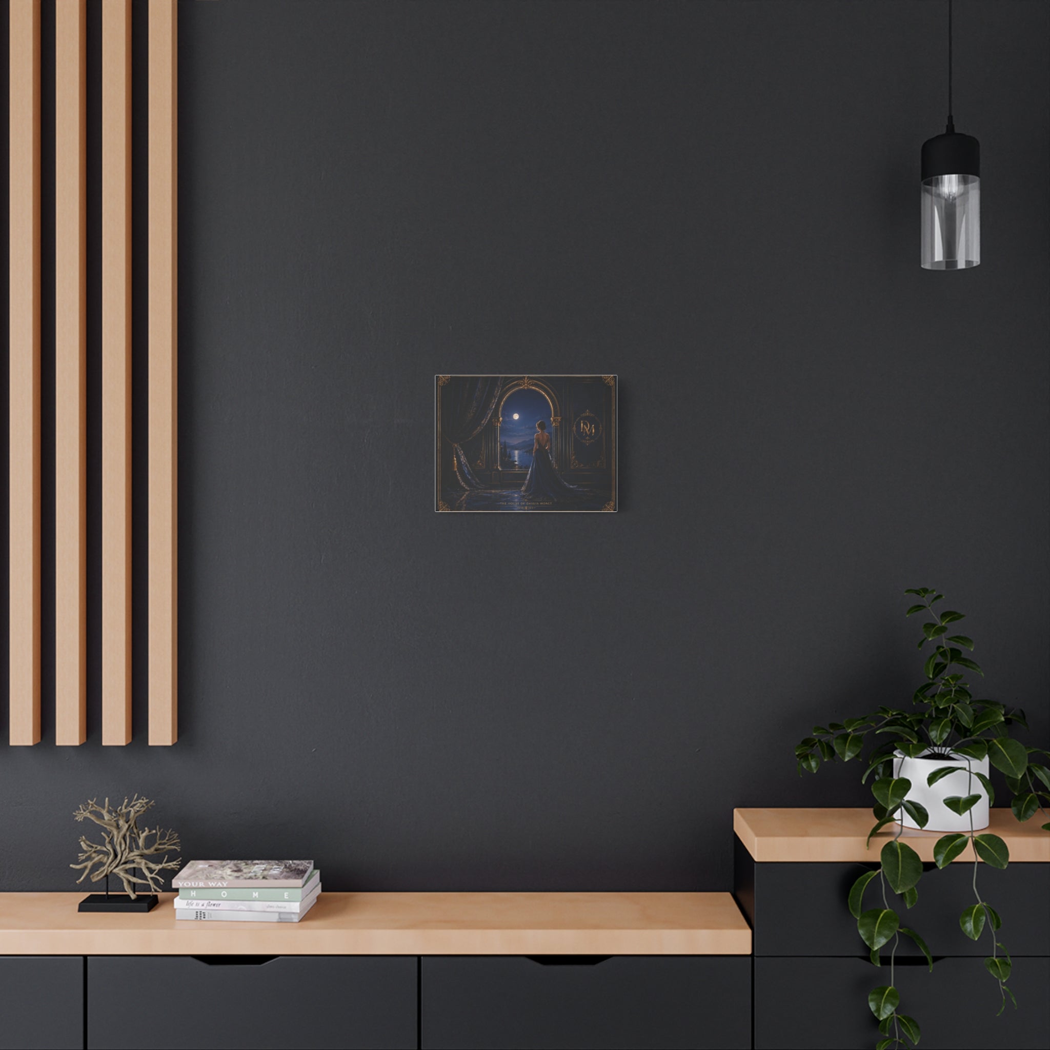 Moonlit Elegance Canvas Print — Woman in Gown by Window (Matte Stretched)