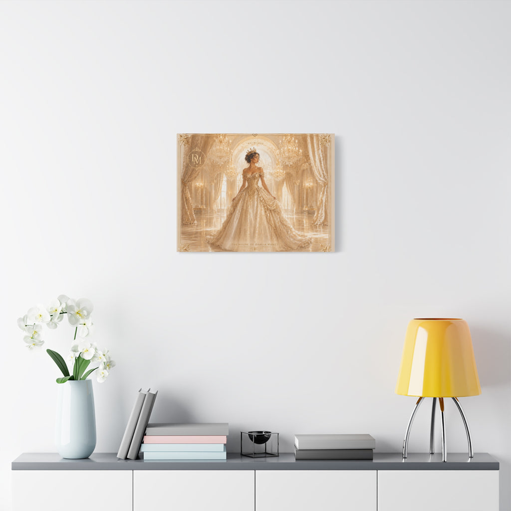 Regal Golden Ballroom Canvas Print — Elegant Princess Gown Wall Art