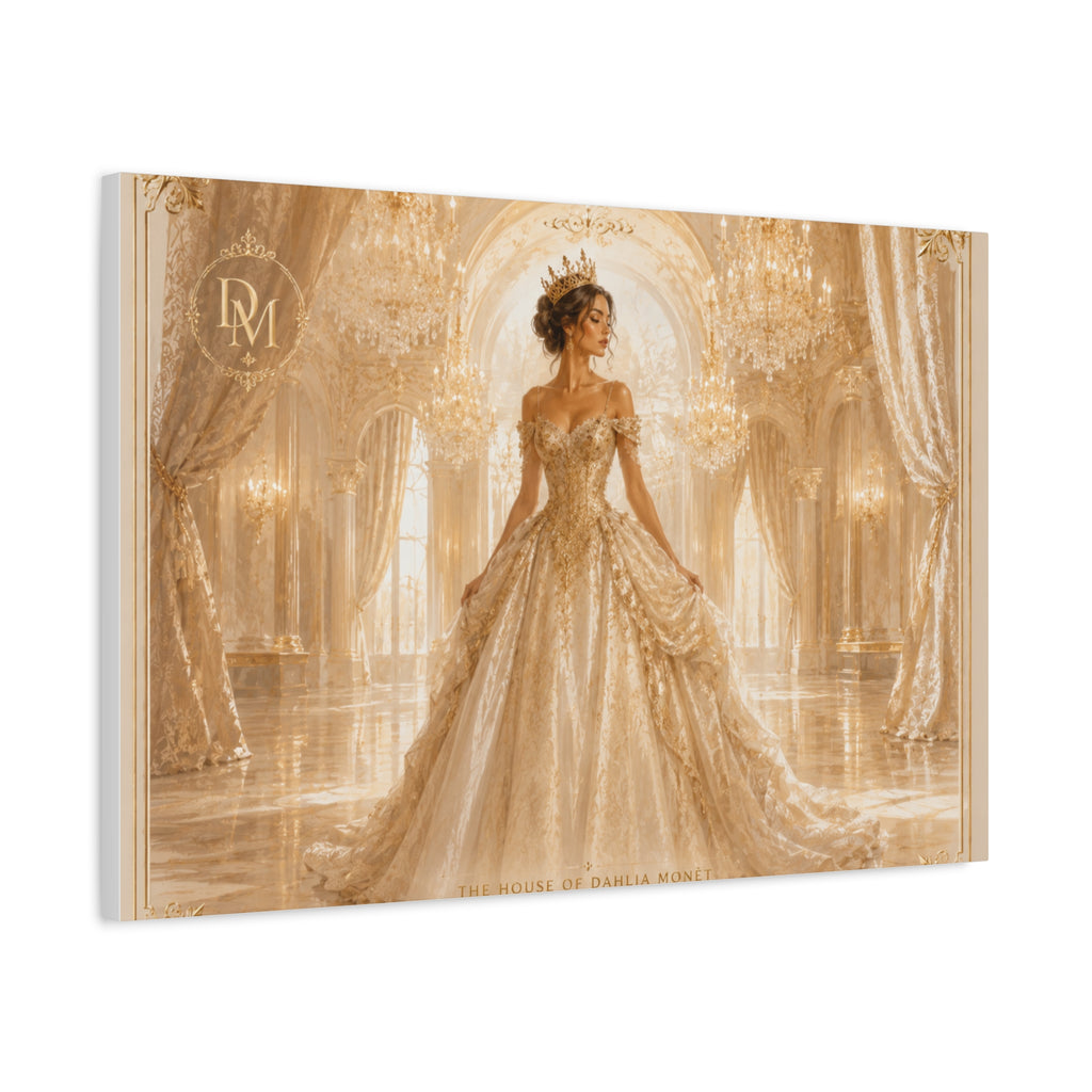 Regal Golden Ballroom Canvas Print — Elegant Princess Gown Wall Art