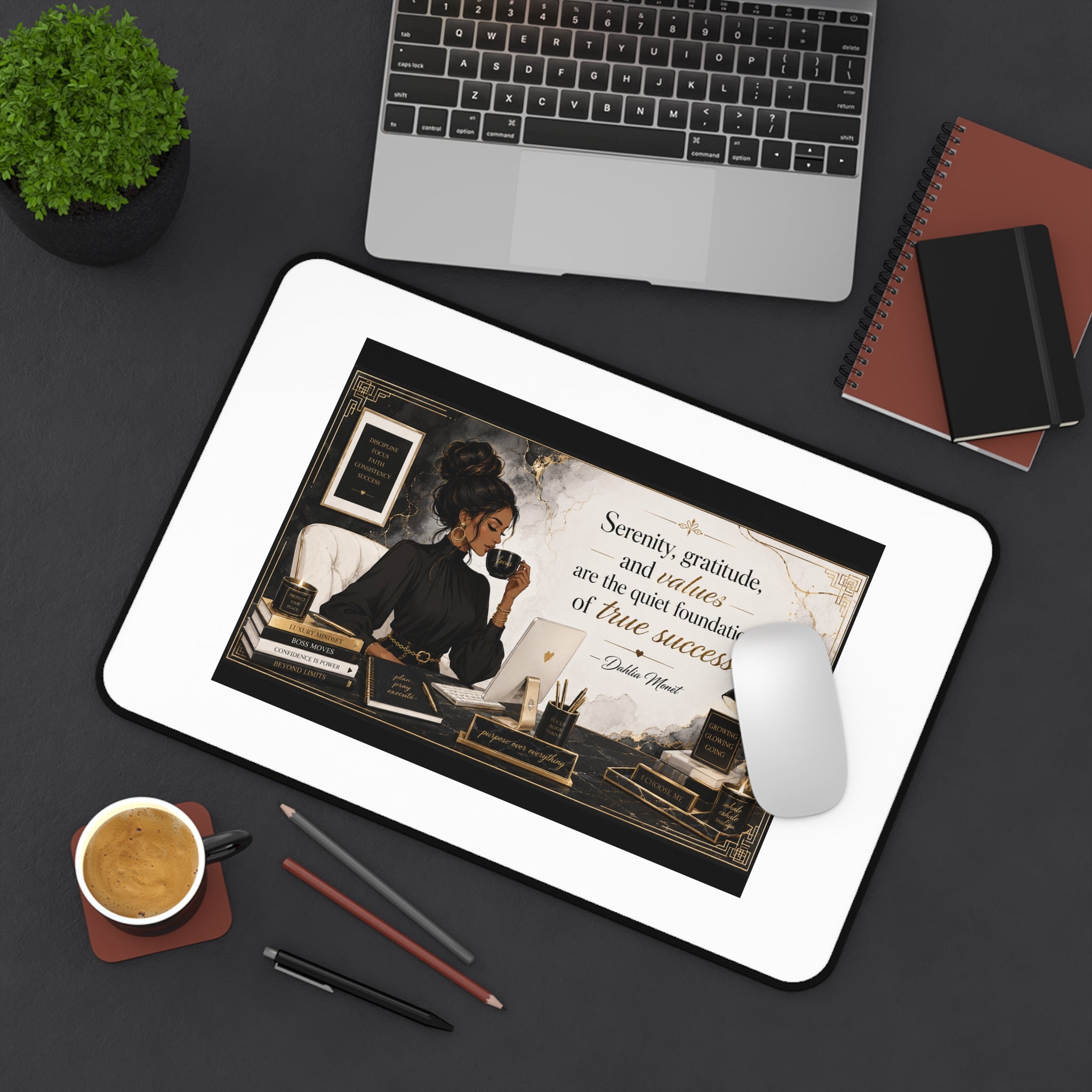 Inspirational Office Desk Mat — “Serenity, gratitude, and values…” Motivational Workstation Mat