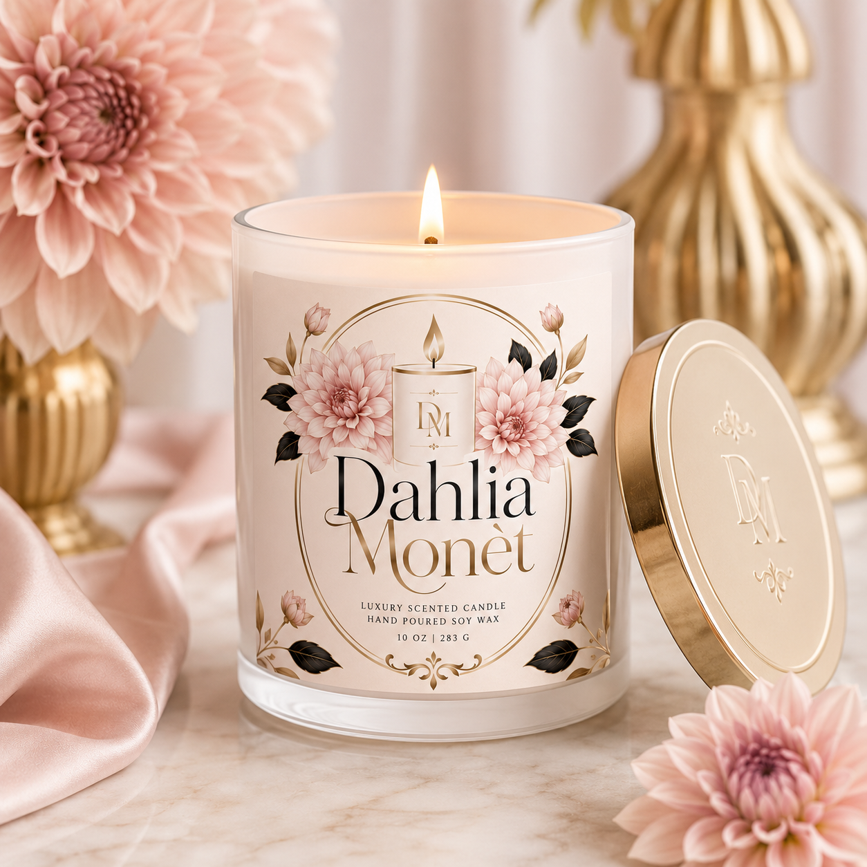 Dahlia Monet Scented Candle Set — Glass Jar Candle with Matches & Wick Trimmer