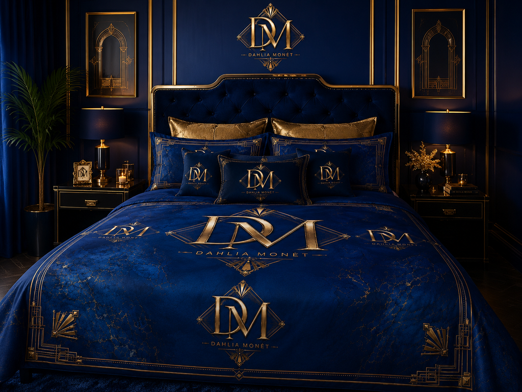 Luxury Navy & Gold Monogram Cotton Bed Set – Custom DM Initials Bedding
