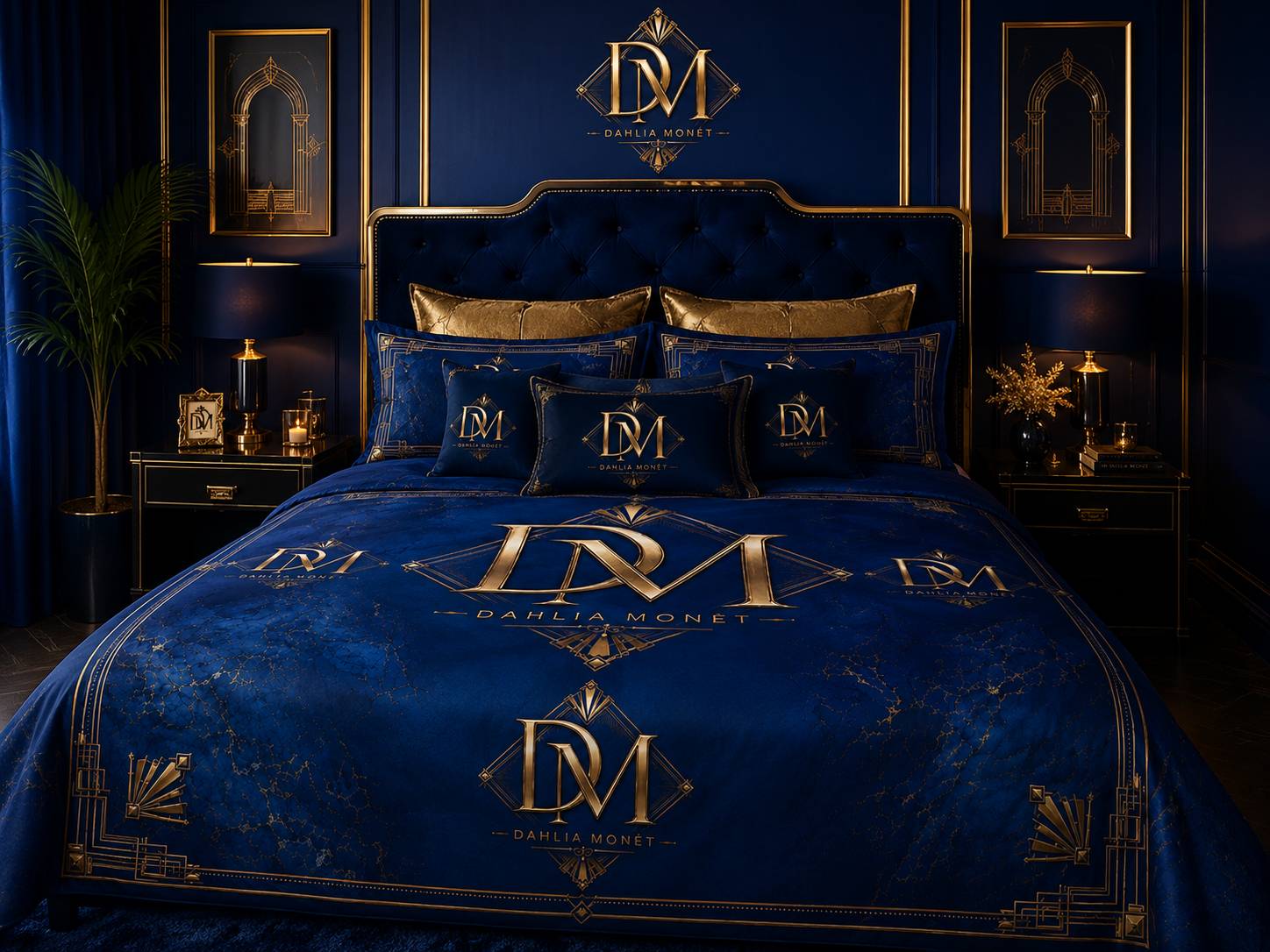 Luxury Navy & Gold Monogram Cotton Bed Set – Custom DM Initials Bedding