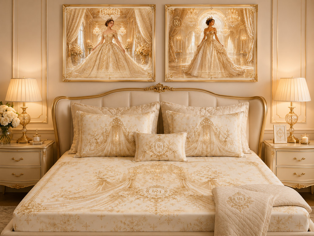 Luxury Vintage Damask Cotton Bed Set — Ornate Beige Bedding with Elegant Medallion