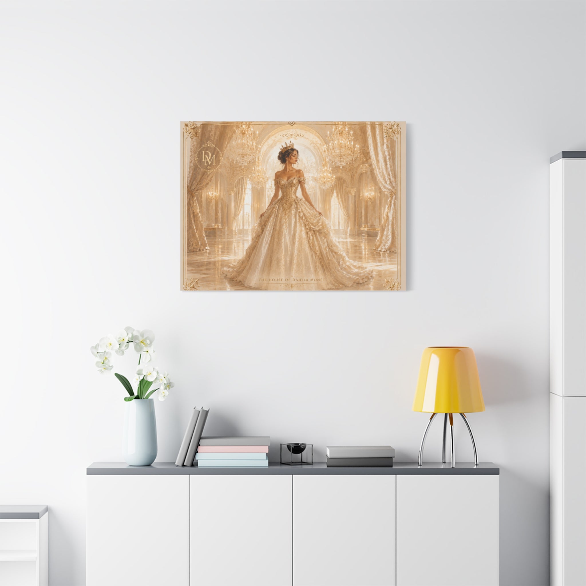 Regal Golden Ballroom Canvas Print — Elegant Princess Gown Wall Art