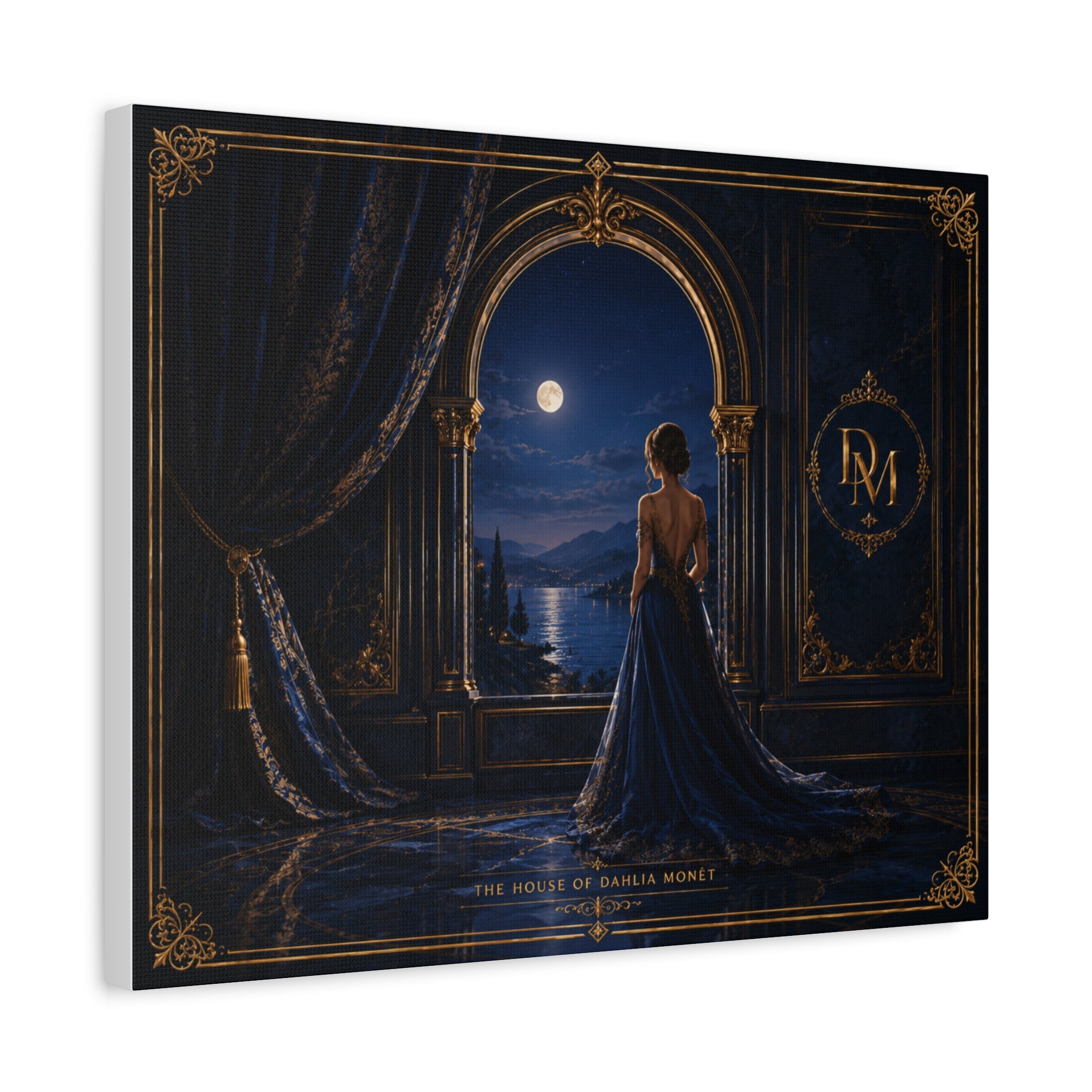 Moonlit Elegance Canvas Print — Woman in Gown by Window (Matte Stretched)