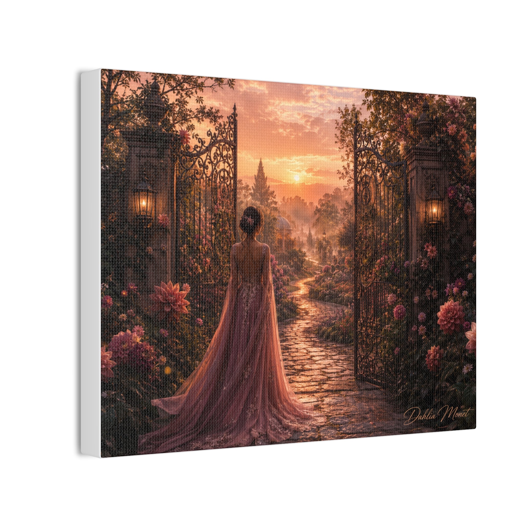 Enchanted Garden Canvas – Woman in Gown at Sunset Stretched Print