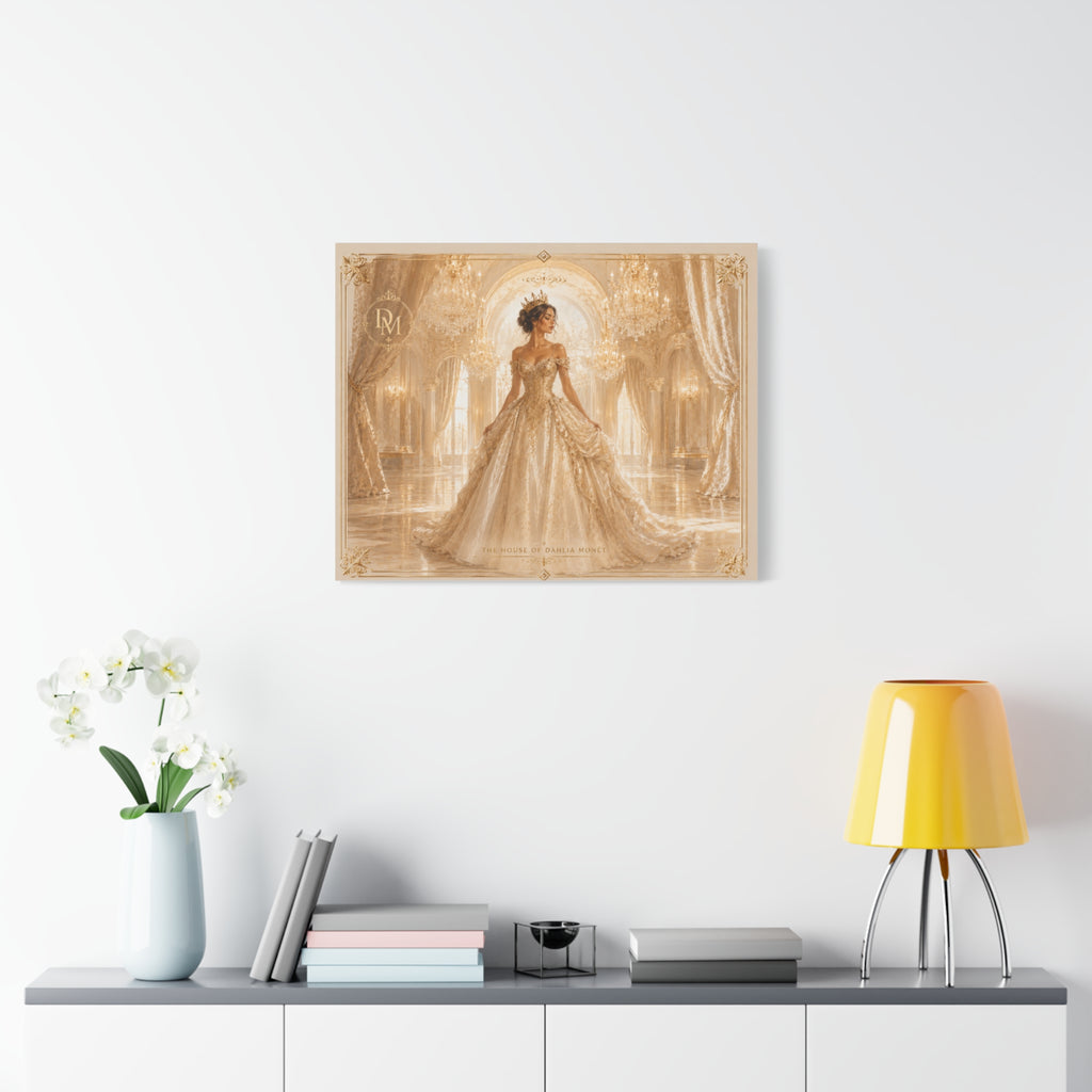Regal Golden Ballroom Canvas Print — Elegant Princess Gown Wall Art