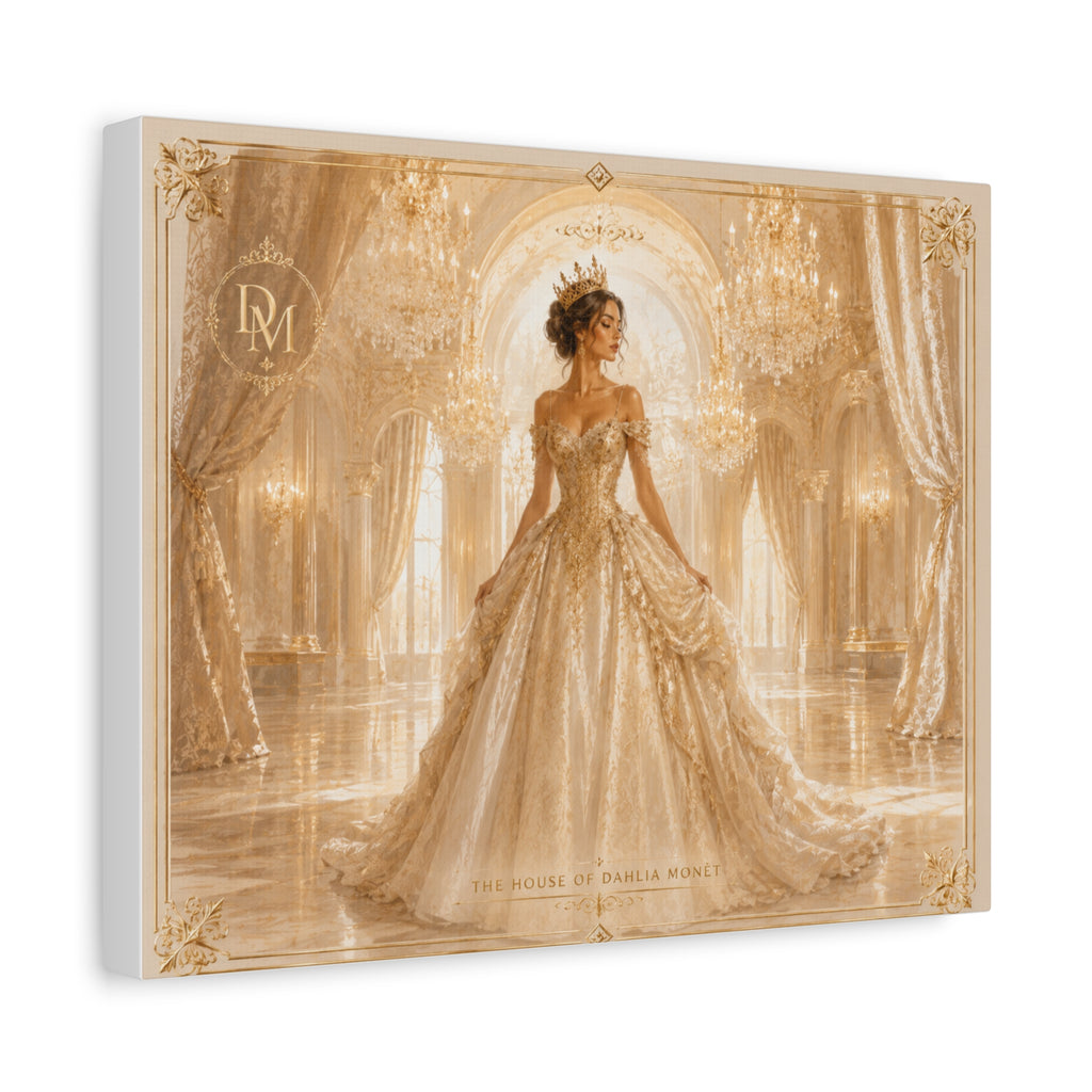 Regal Golden Ballroom Canvas Print — Elegant Princess Gown Wall Art