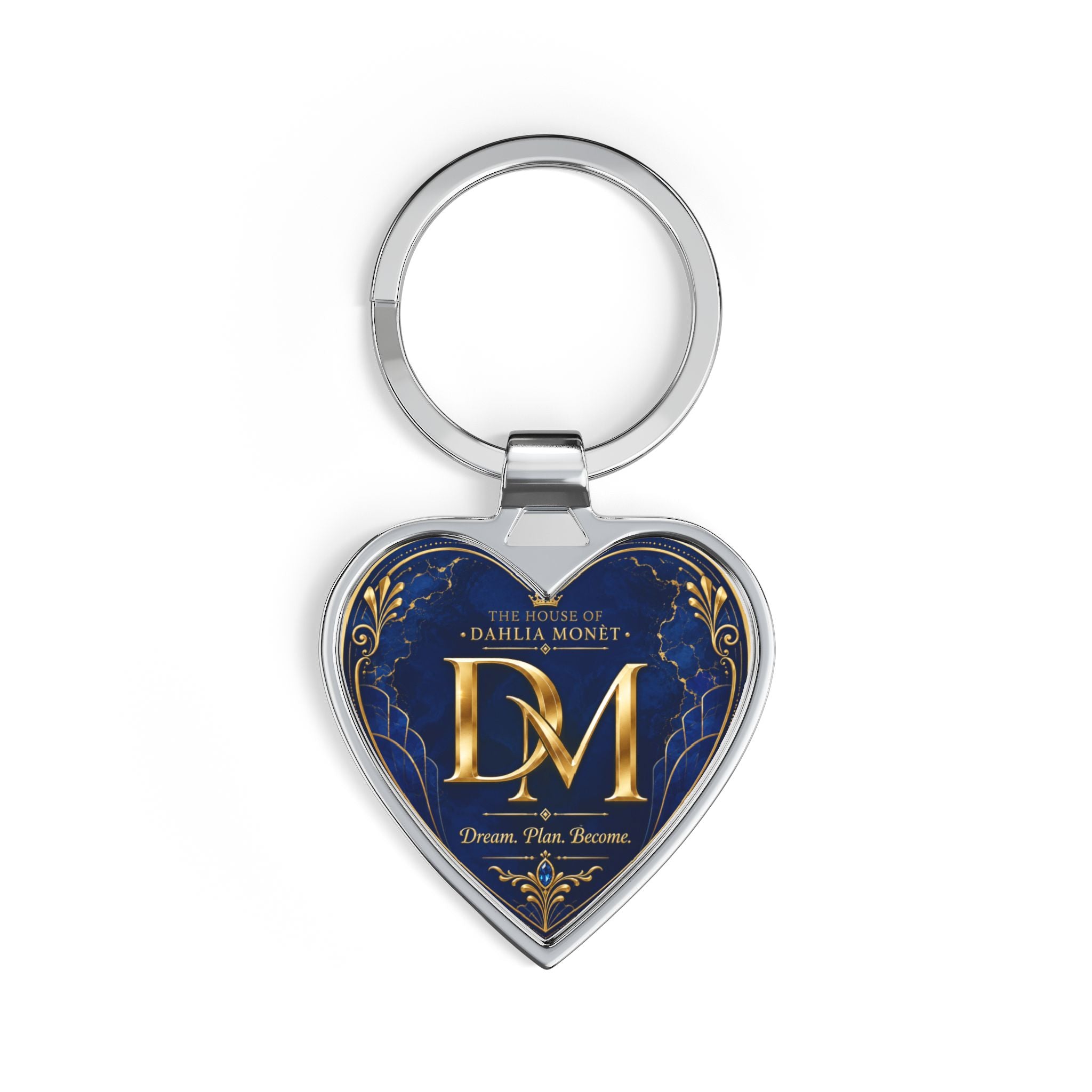 Heart Keychain — Elegant Gold Monogram 'DM' on Navy Crest