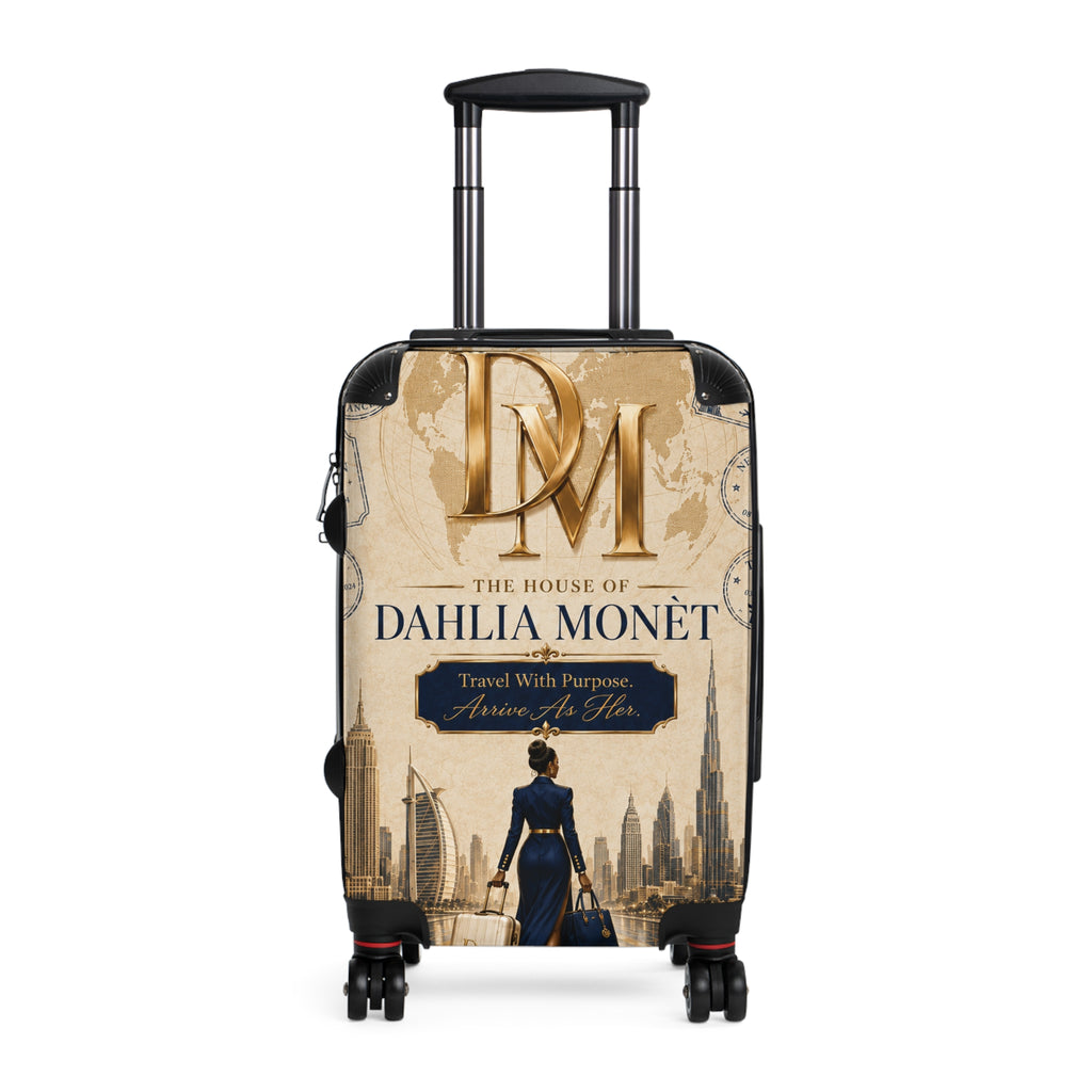 Dahlia Monet Branded Travel Suitcase – Vintage Cityscape Carry-On with 'The House of Dahlia Monet' Design