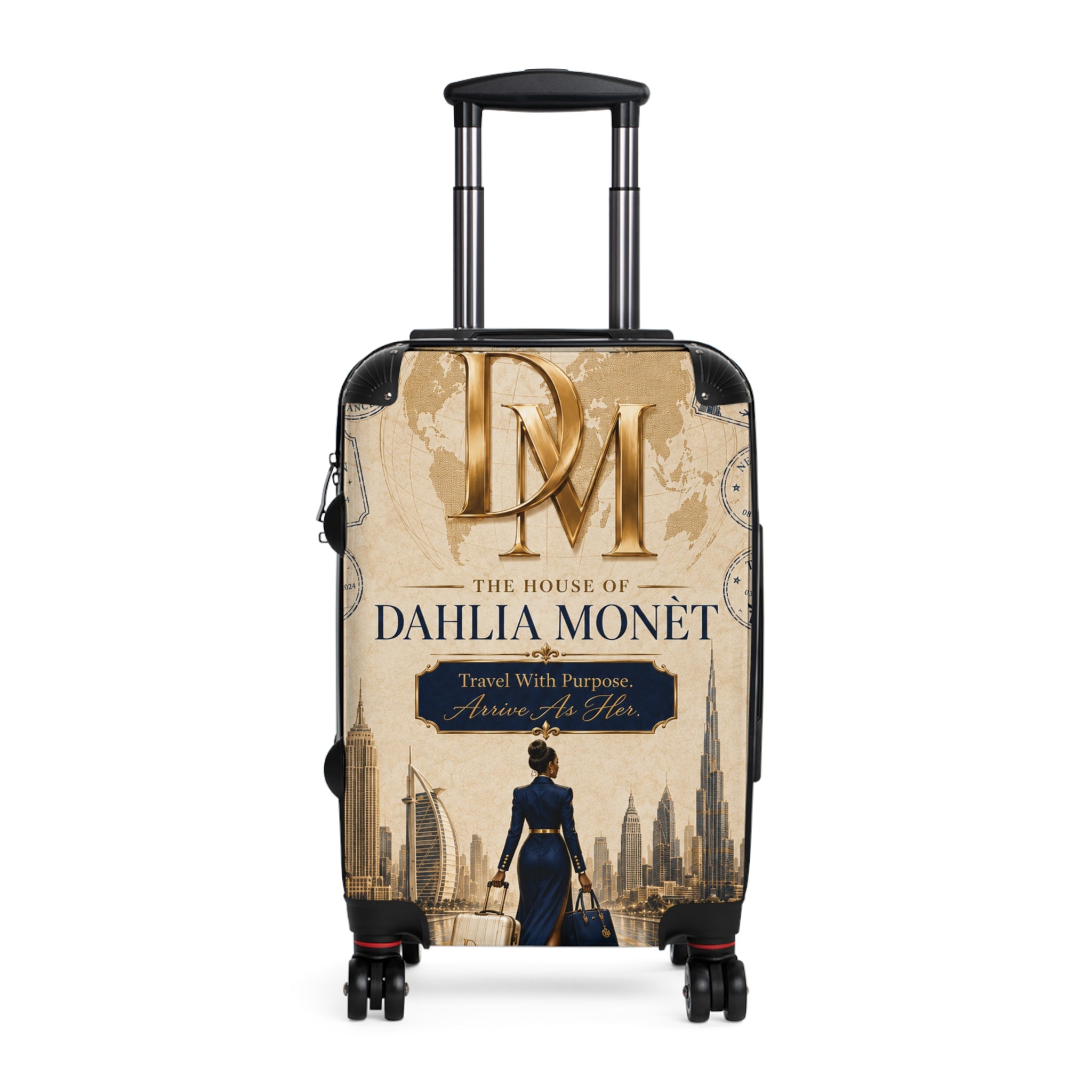 Dahlia Monet Branded Travel Suitcase – Vintage Cityscape Carry-On with 'The House of Dahlia Monet' Design